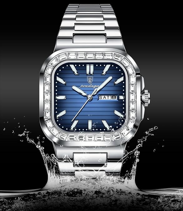 POEDAGAR Men's Luxury Square Watch Waterproof Luminous Date Week Man Watch Stainless Steel Casual Fashion Quartz Men's Watches