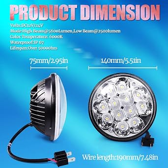 H5001 Led Police Lights for car, Par46 Led 5.75 Round Seal Beam Seachlight for Truck Tractor Offroad Motorcycle (2 Pcs)
