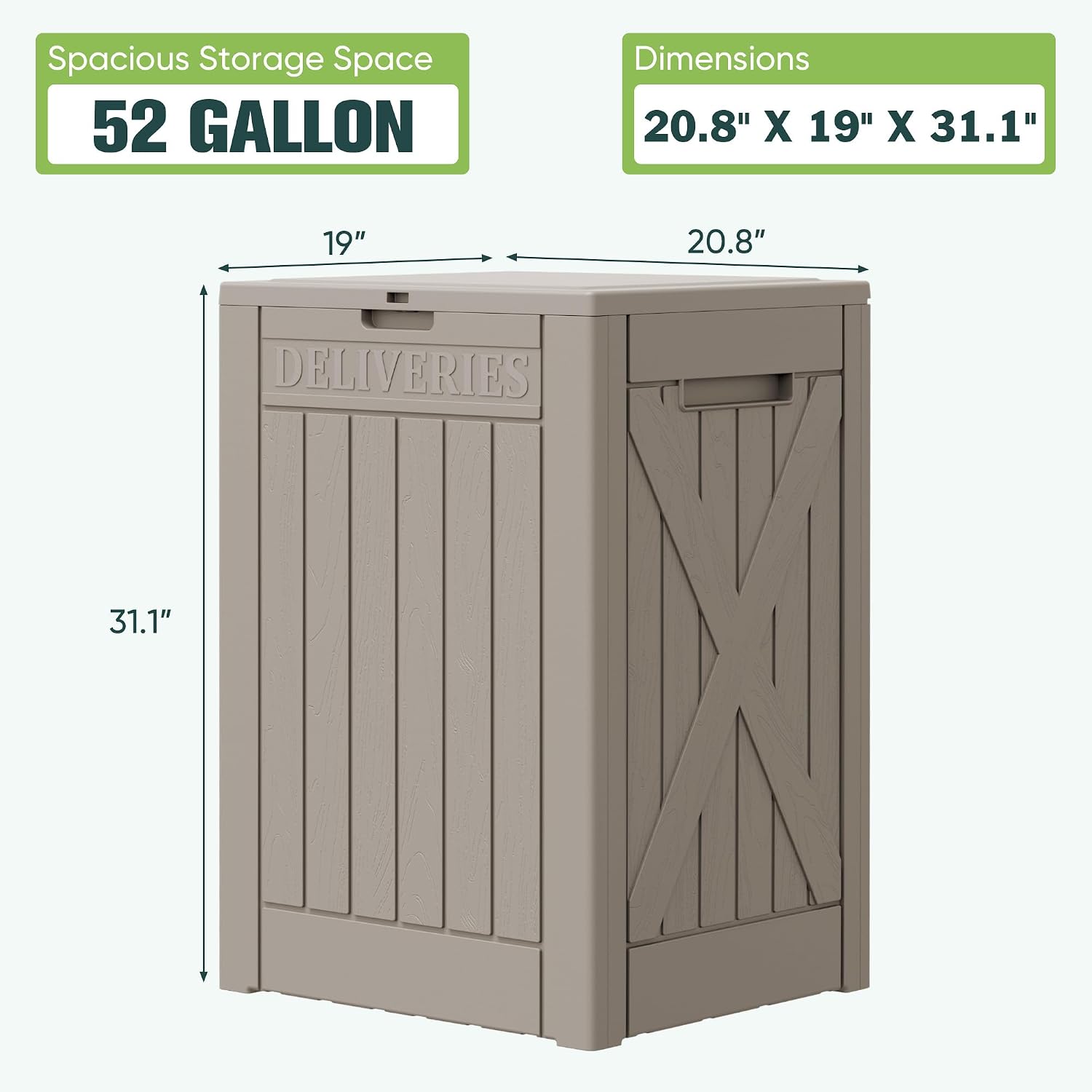 Greesum 52 Gallon Large Outdoor Package Delivery Box for Porch, Lockable Secure Double-Wall Resin Storage Box, Waterproof Deck Box for Package Protection, Light Coffee