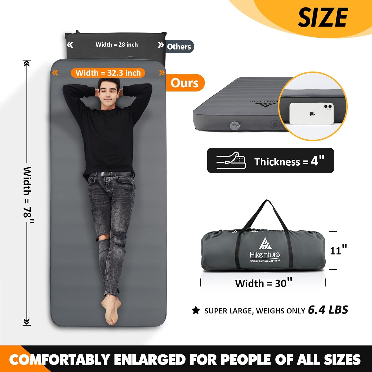 Hikenture 4 INCH Thick Self Inflating Sleeping Pad with 9.5 R Value, Comfort Plus Camping Mattress with Pump Sack, Inflatable Foam Insulated Camping Pad, Portable Camping Mat for 4-Season : Sports & Outdoors