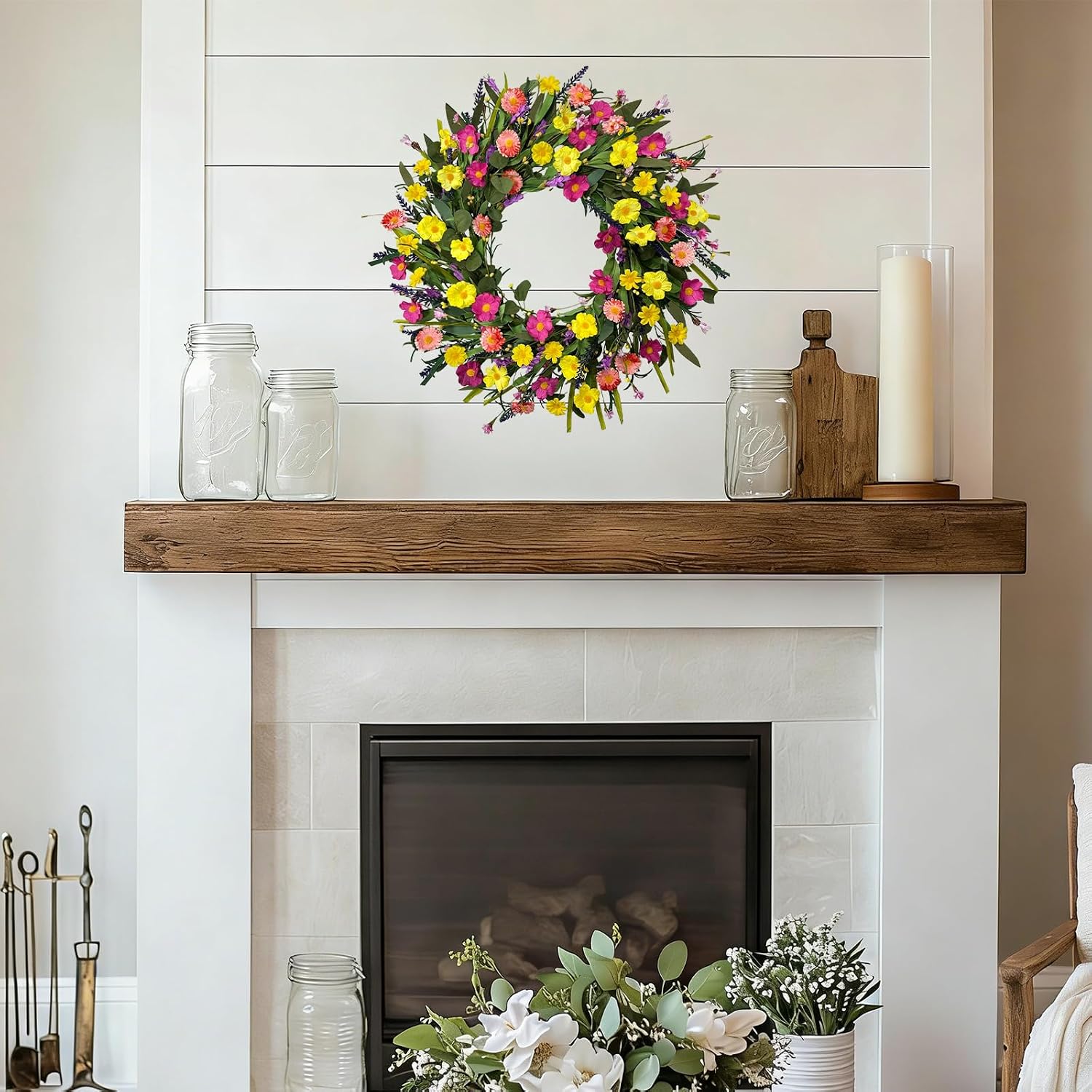 24 Inch Handmade Flower Wreath for Front Door, Spring Summer Wreath with Yellow Pink Purple Daisies,Lavender, Farmhouse Floral Wreaths with Eucalyptus Leaves for Indoor Outdoor Porch Home Decor