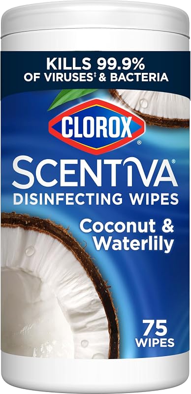 Toallitas desinfectantes Clorox Scentiva, coco y nenúfar, antibacterianas, 75 unidades