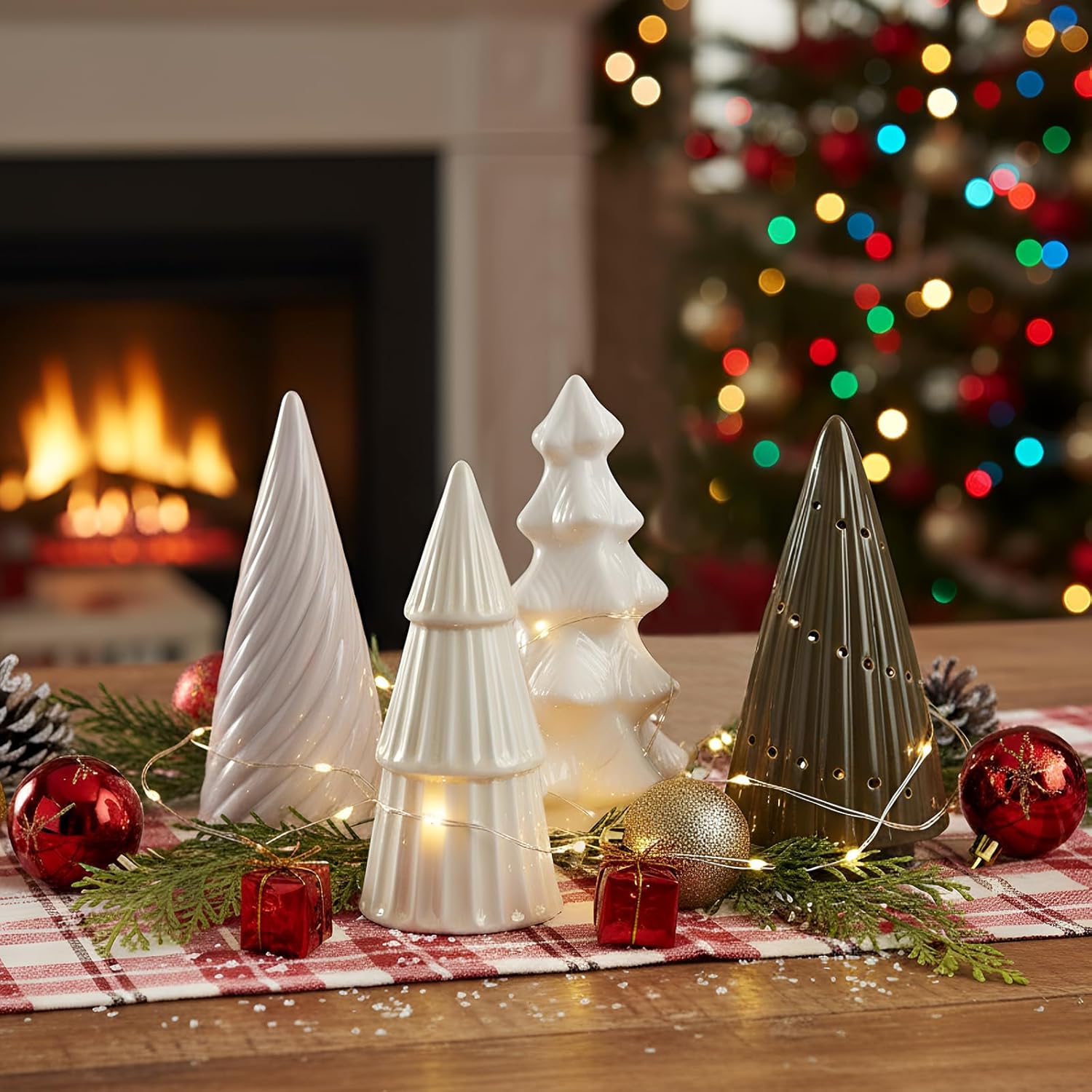 Wesiti 4 Pcs Ceramic Christmas Tree Decor, White Porcelain Figurine Decor for Xmas Table Centerpiece 6 in Modern Ceramic Christmas Tree for Home Fireplace Desktop Tabletop Mantel Cabinets