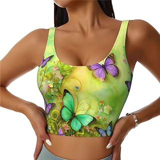 Generic Sunlit Whimsical Spring Garden with Colorful Butterflies Woman Sports Bras for Womens Workout Tops Crop Tank for Women Yoga Gym Running Bra X-Large