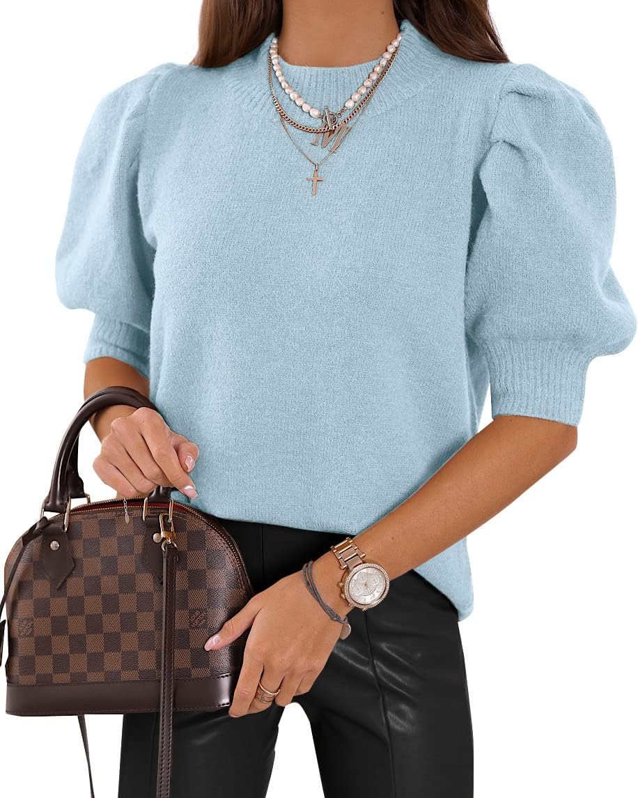 Women's Puff Short Sleeve Sweater Tops 2025 Summer Fall Trendy Knit Crew Neck Casual T Shirts Blouses