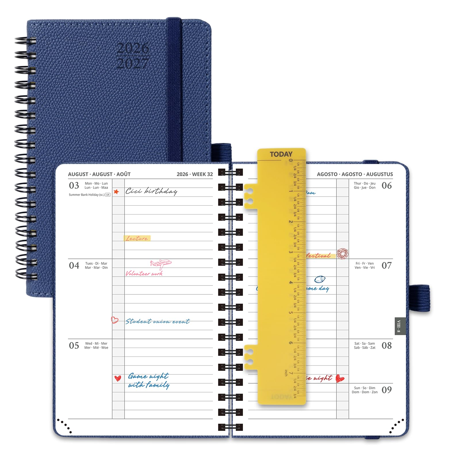 POPRUN 2026-2027 A6 Academic Diary Week to View (16x10.5 cm) Soft Cover Spiral Horizontal Weekly Planner 17 Months (Aug'26 - Dec'27) Mid Year 26/27(Navy blue)