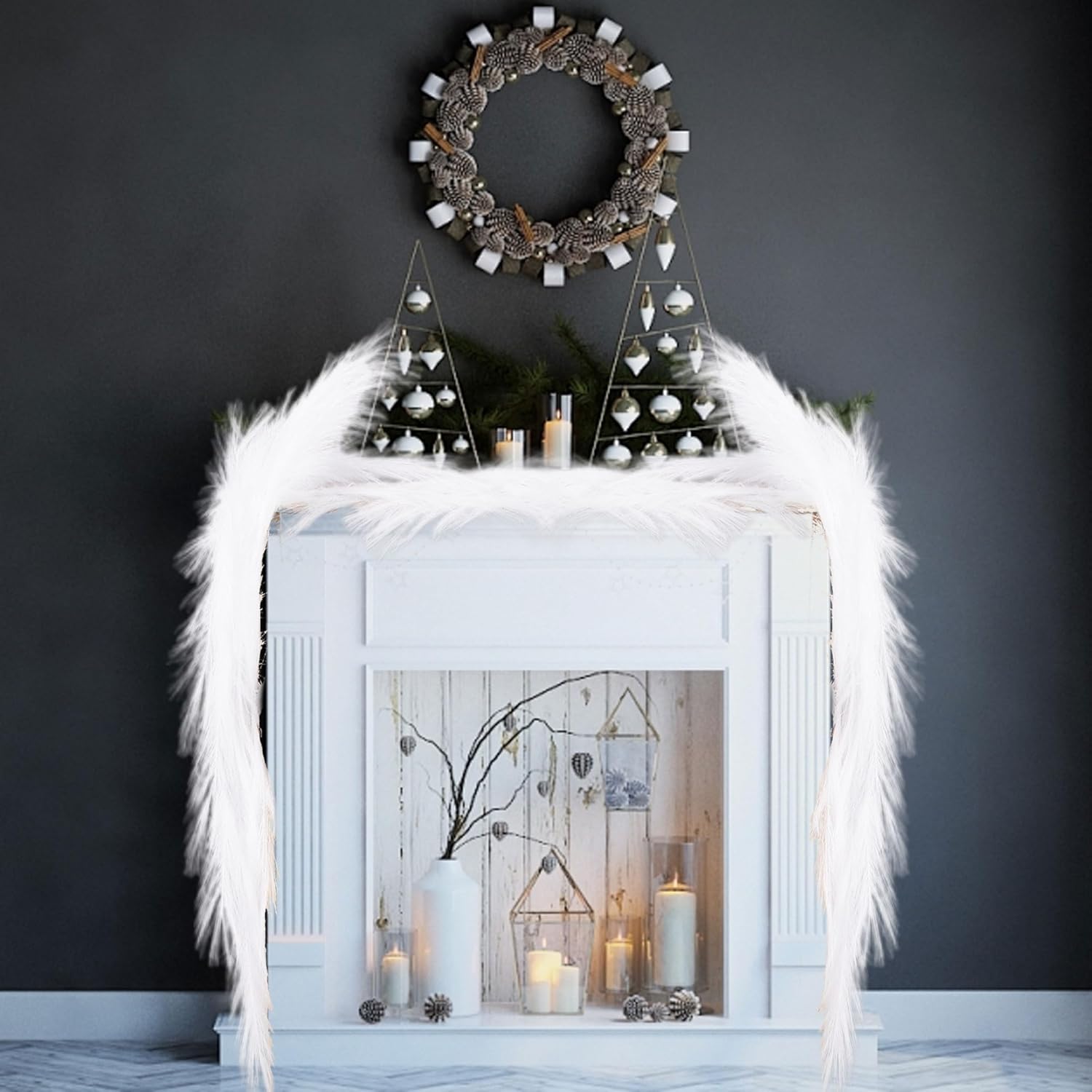 White Christmas Pampas Grass Garland, 2 Pcs 6.5 Ft Pampas Grass Christmas Tree Garland Hanging Decorations for Xmas Party Indoor Outdoor