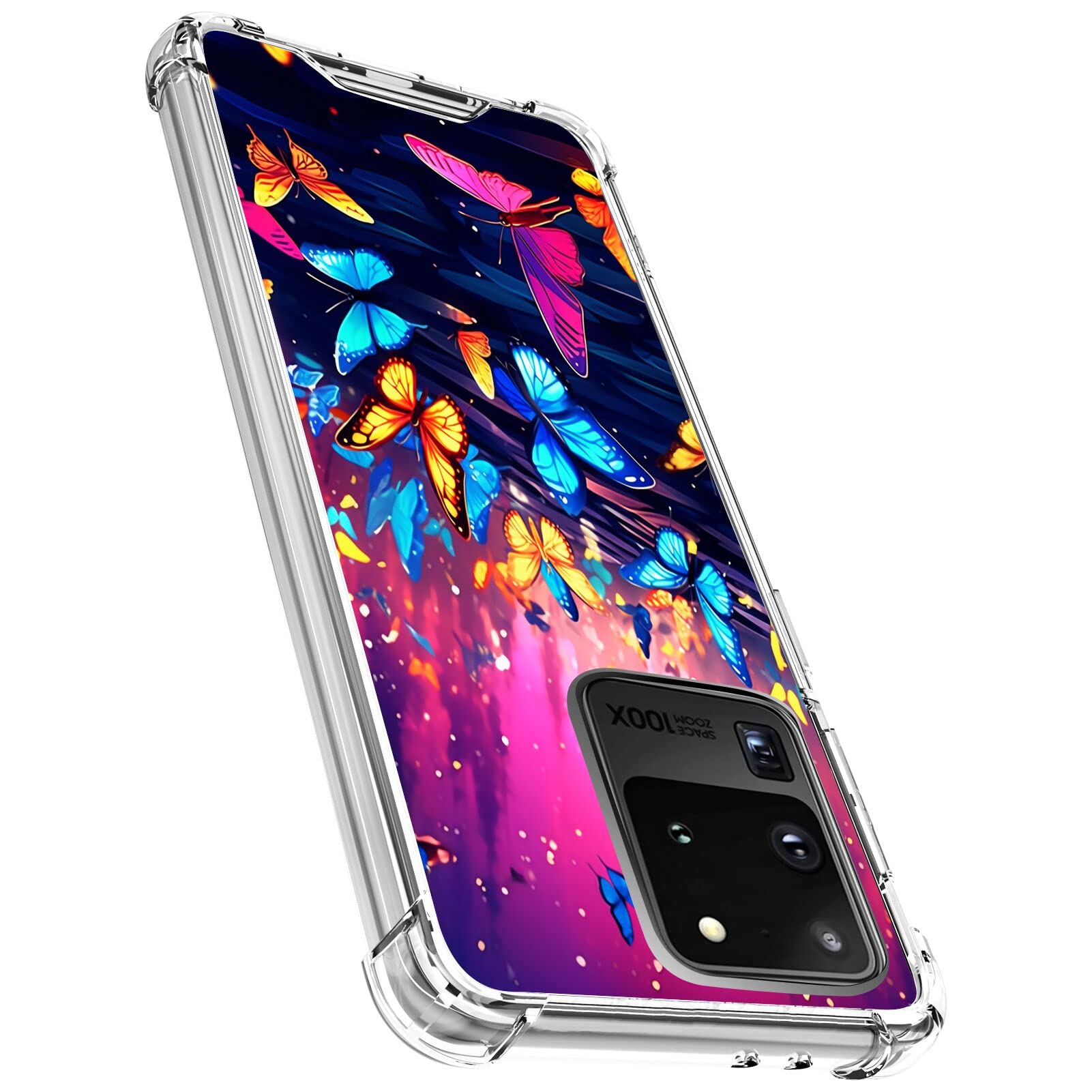 Xioolia Phone Case Fits Samsung Galaxy S20 Ultra with Colorful Butterfly Designer-043 Ultra Drop-Proof Transparent with Four Corners TPU Silicone Soft Slim Shock-Absorbing Cover