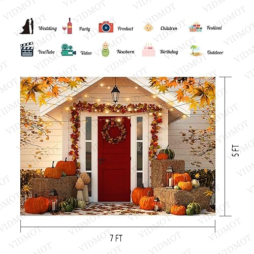 Miniatura 4 de VIDMOT Fall House Red Door Backgrund 7x5ft Autumn Pumpkin Maple Leaf Background for Thanksgiving Party Decor Photo Shoot Porch Haystack Backdrop
