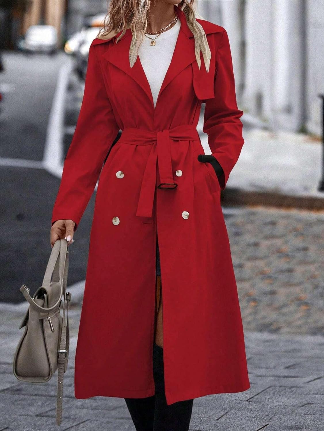 Women's Trench Coat Casual Lapel Neck Double Breasted Belted Trench Coat Long Sleeve Classic Overcoat