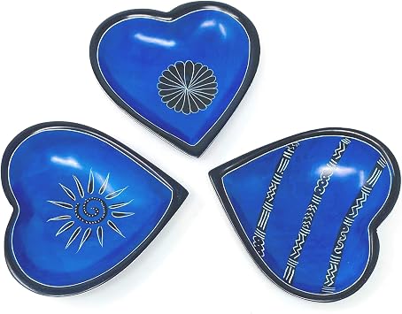 Global Crafts Small Soapstone Heart Bowls with Designs, Dark Blue, Set of 3 KSAHBS-DB-S3
