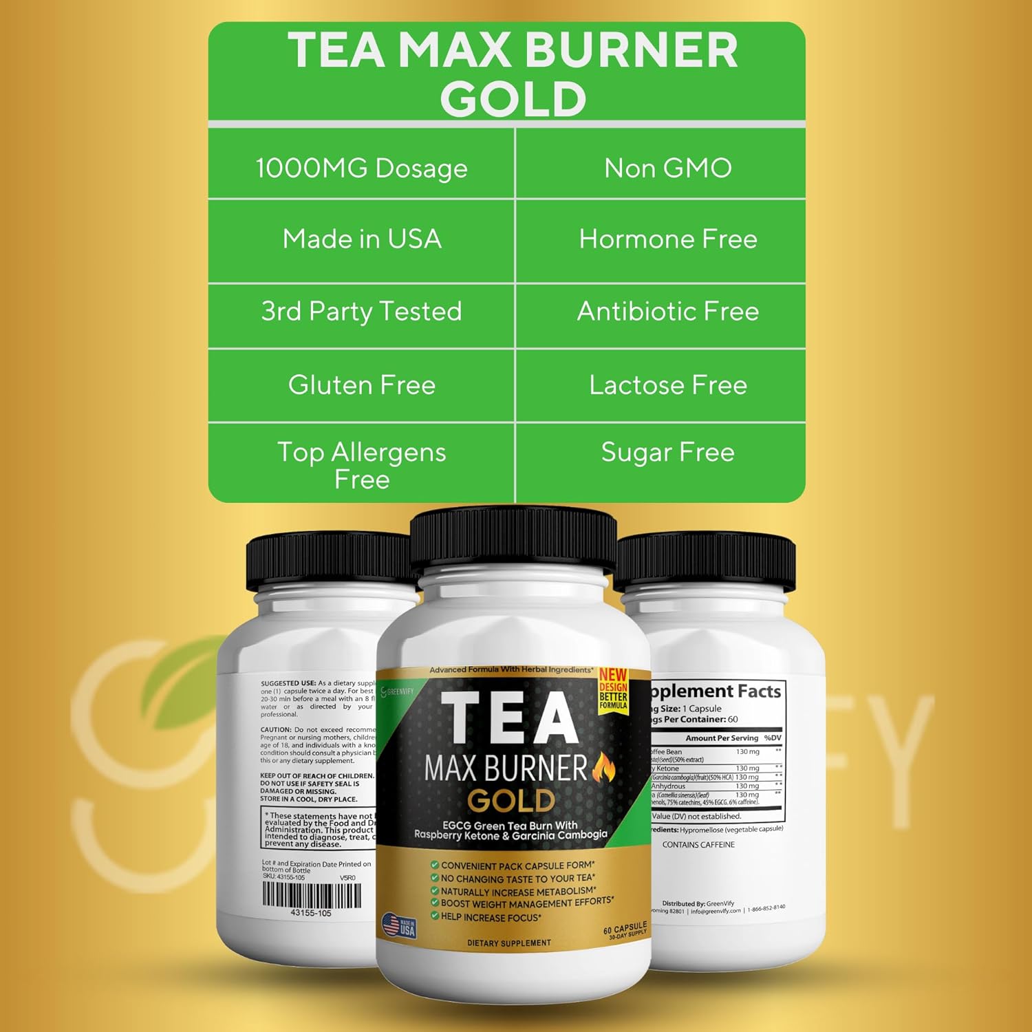 Tea Max Burn Burner Gold – Green Tea Extract & Green Coffee Bean for Metabolism Support, Natural Energy Boost, Antioxidant-Rich Supplement – 180 Capsules (3 Pack)