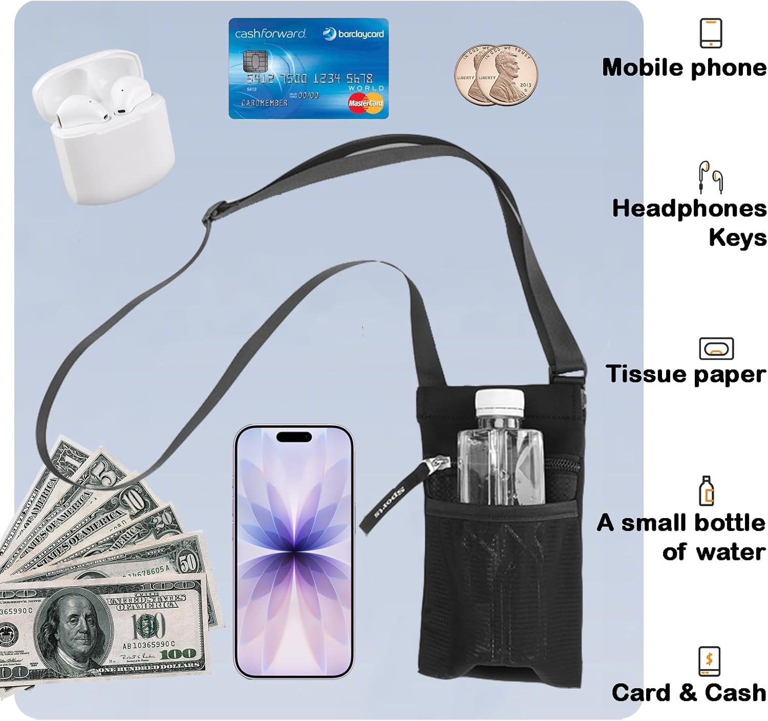 Crossbody Phone Purse with Water Bottle Holder - Multi-Function Cell Phone Pouch with Zipper & Mesh Pockets, Phone Holder for iPhone 17/16/15/14/13 Pro Max Plus, Samsung Galaxy (Black) - Image 4