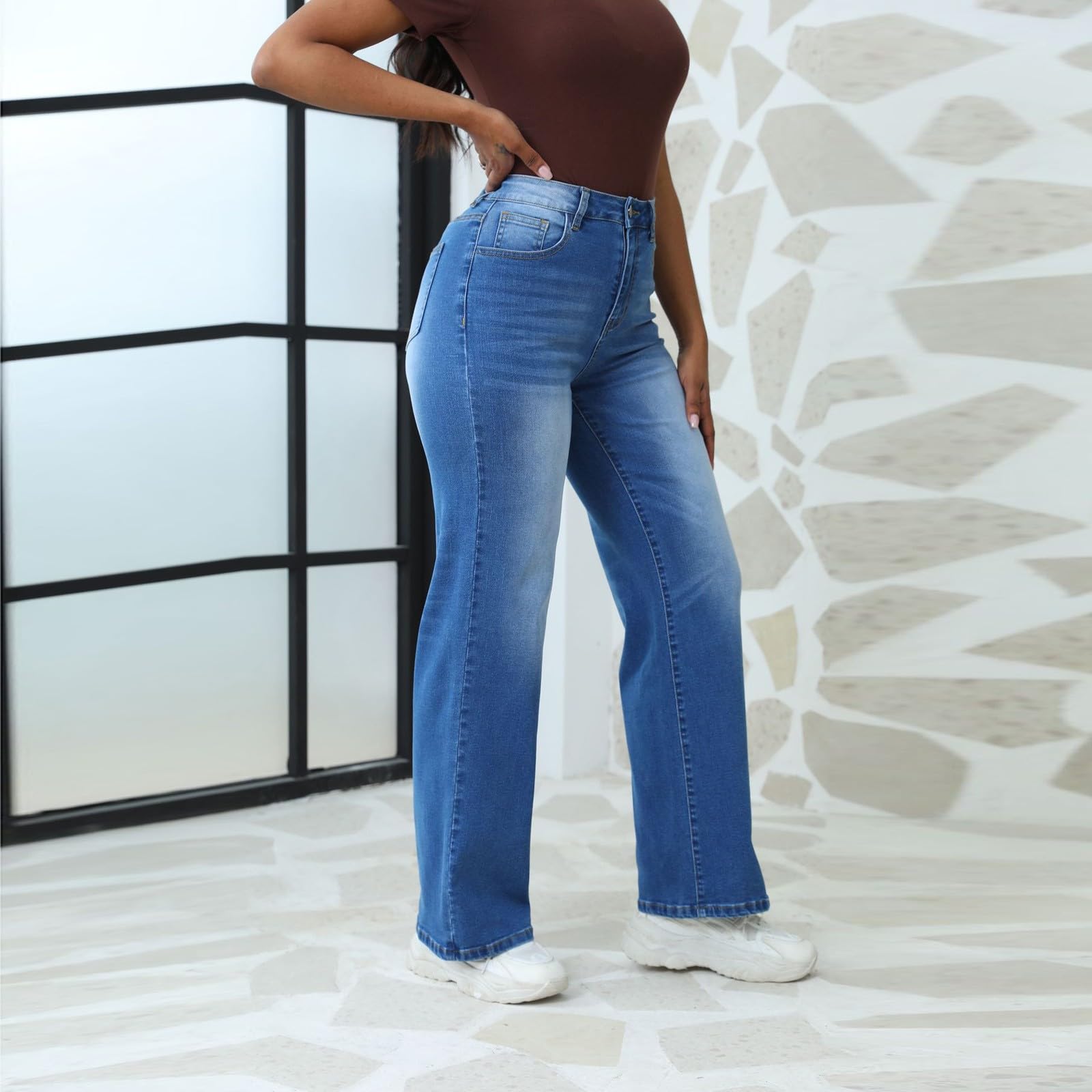 Jeans Damen Weites Bein Jeanshose Straight Fit Denim Wide Leg Freizeit Klassisch Loose Baggy Flared Boyfriend Stretch Streetwear