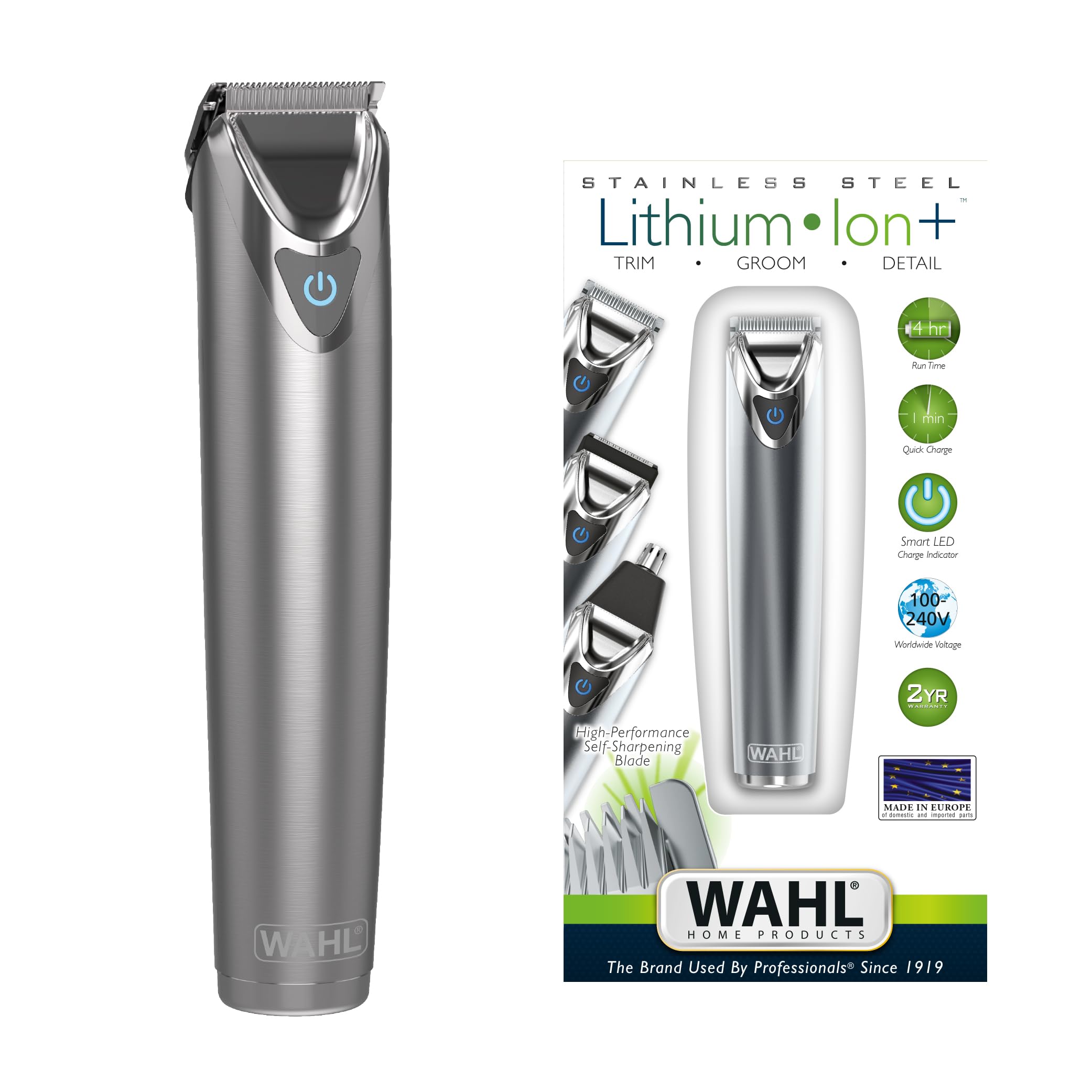 Lithium Ion Stainless Steel Grooming Kit, Rechargeable Trimmer, Ear and nose attachments, Body detailer for multi grooming, 4 Combs for different grooming lengths, 6 hours Run Time, 09818-727