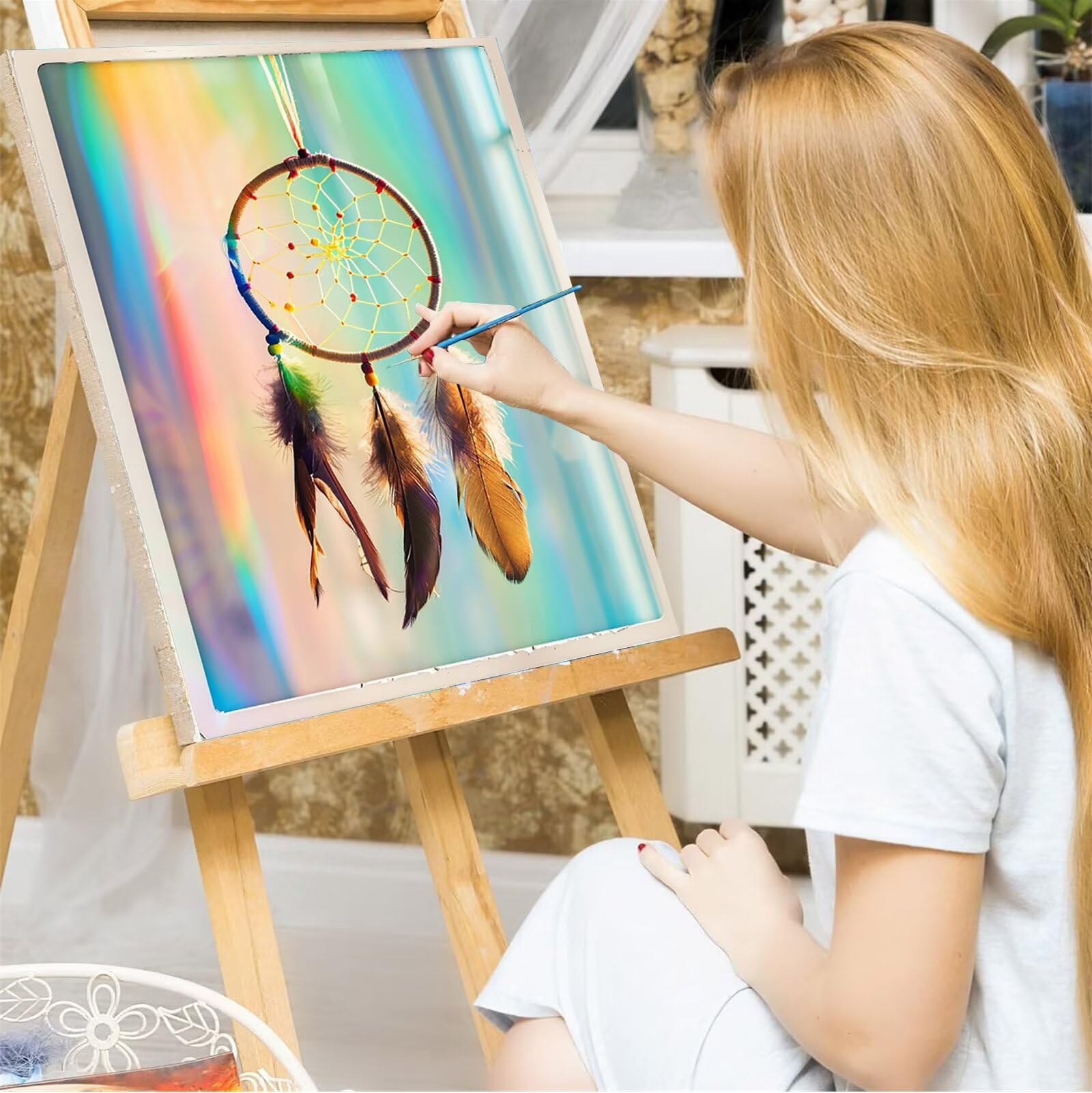 Peepezo DIY Malen nach Zahlen Erwachsene Traumfänger Erwachsene Malen nach Zahlen Kits auf Leinwand Feder Malen nach Zahlen Kunsthandwerk Geschenk für Home Wall Deco 60x80cm (mit Rahmen)