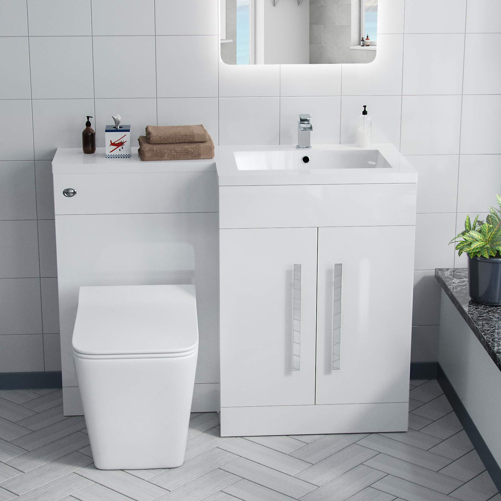 Nes Home White Rh 1100 Mm L-Shape Basin Vanity Unit Wc Btw Rimless Toilet