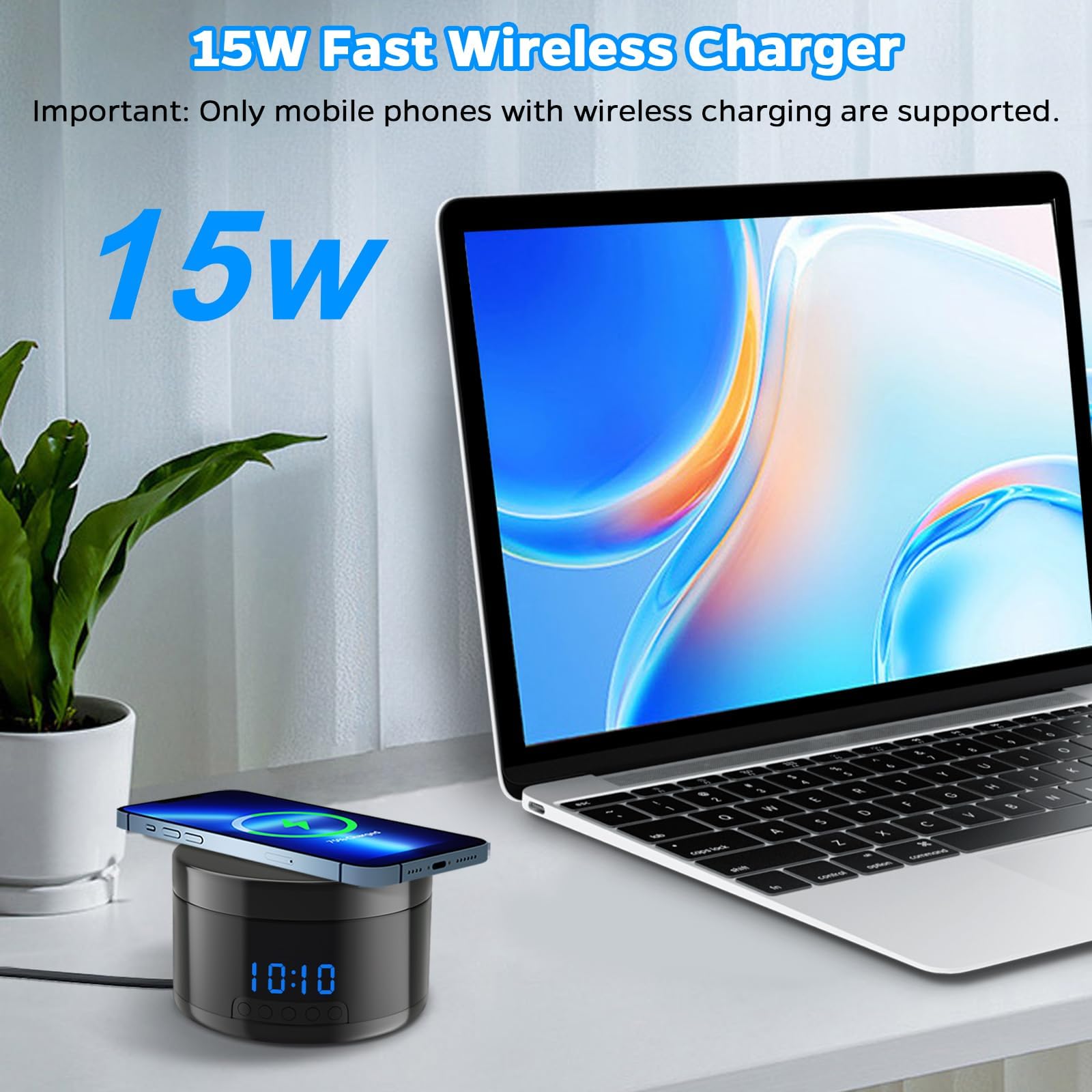 Security Camera With Motion Detection & Wireless Charging – 1080P HD Indoor Dome Cam With Night Vision, Clock, Local/Cloud Storage
