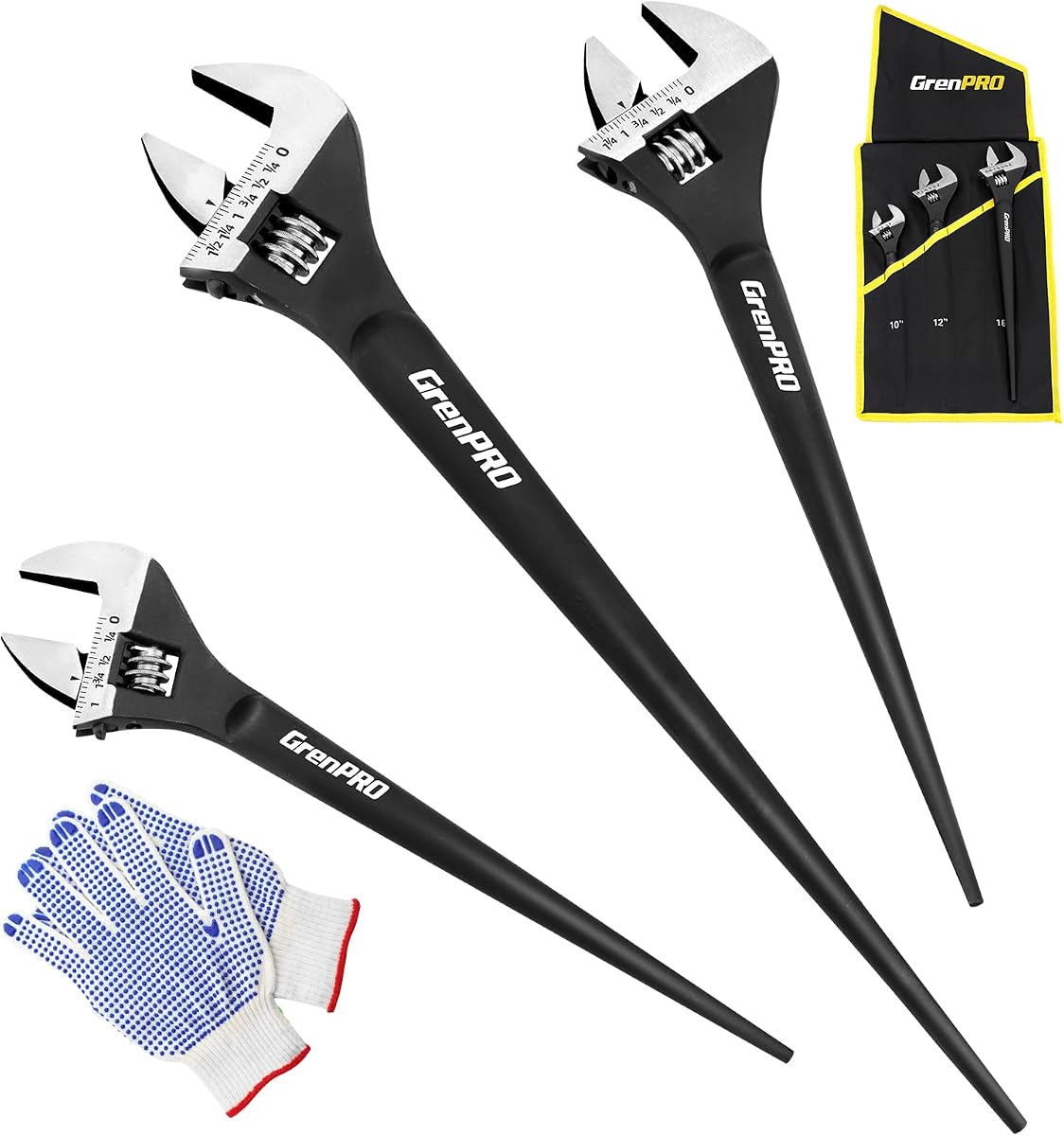 GRENPRO Juego de llaves ajustables de 4 piezas, herramienta de instalación de tuberías de plomería grande | Llaves para tubos de CR-V de 10, 12 y 16 pulgadas con guantes de trabajo, SAE/métrico, herramientas de fontanero para palanca, instalación de tuberías y trabajos de construcción