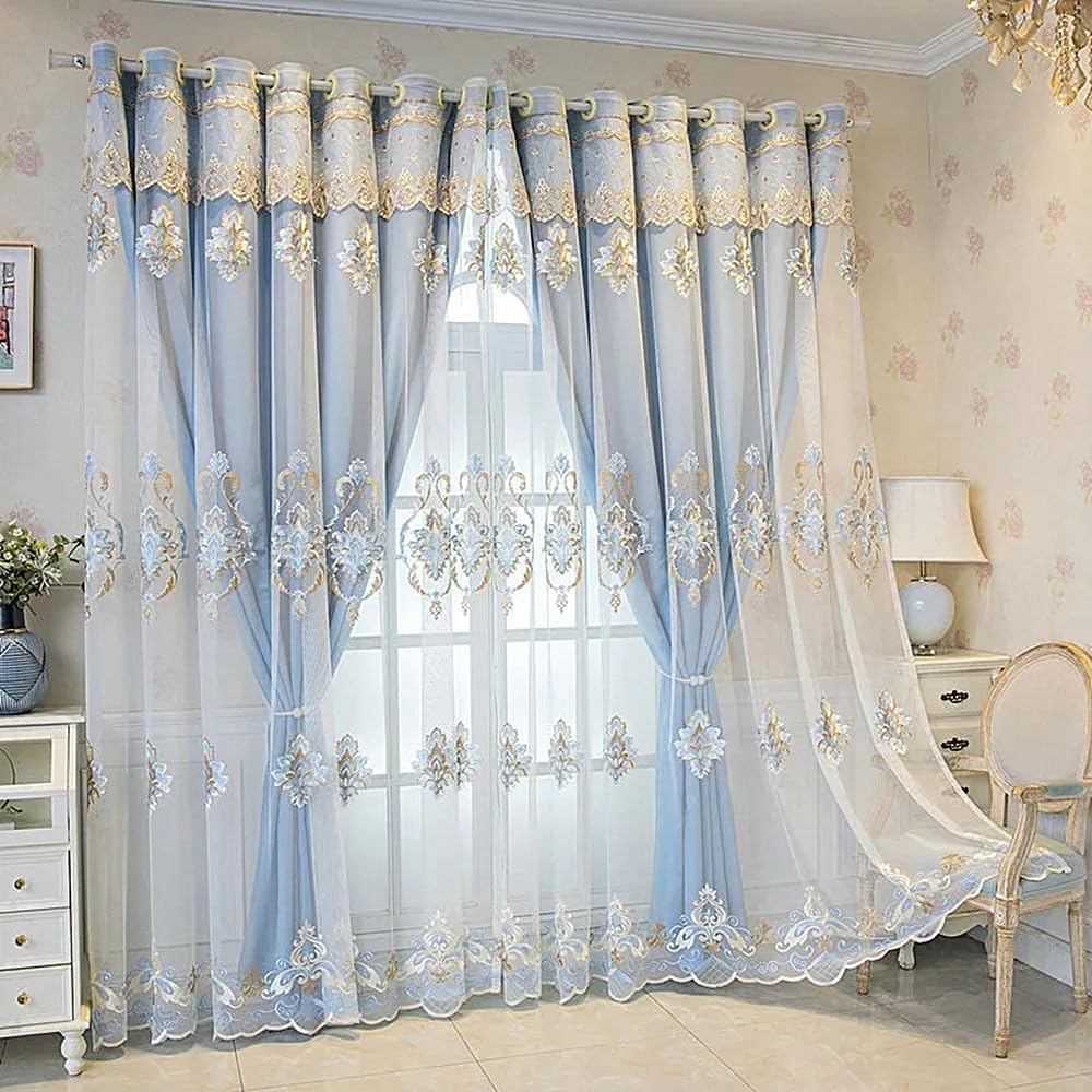 Amidoudou 1 Pair European Double Layer Curtains with Valances for Living Room Luxury Jacquard Curtains for Bedroom (Blue,63x96 Inch)