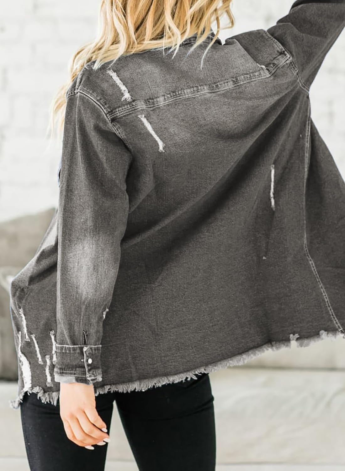 Dokotoo Women's Oversized Denim Jacket Casual Long Sleeve Denim Shirts Distresse Jean Jacket - Image 3