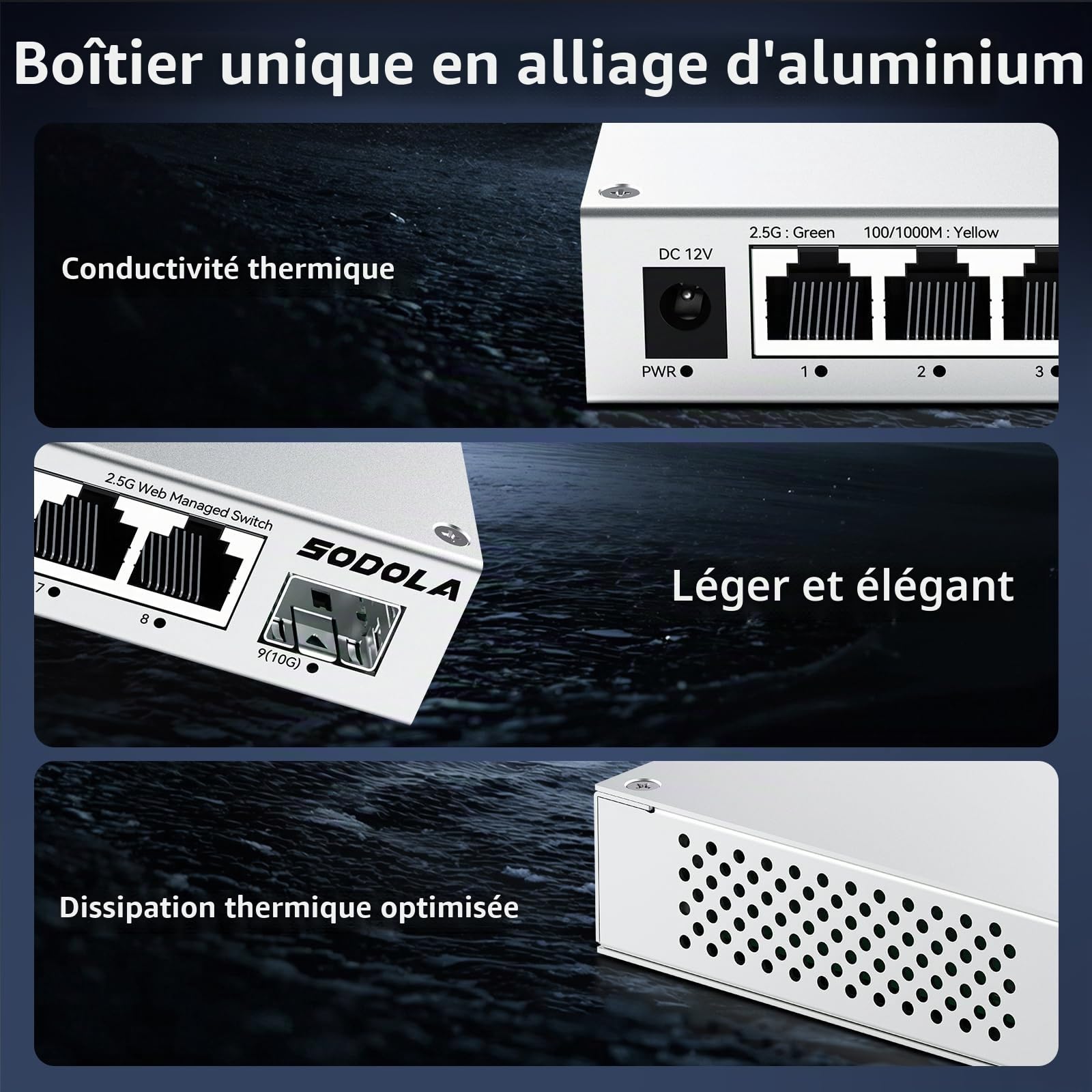 SODOLA Switch 2.5 Gigabit 8 Ports, avec 1 Port SFP+ 10G, Géré par Web | sans ventilateur, fixation magnétique, LACP/QoS/VLAN/IGMP, adapté aux homelabs et réseaux professionnels