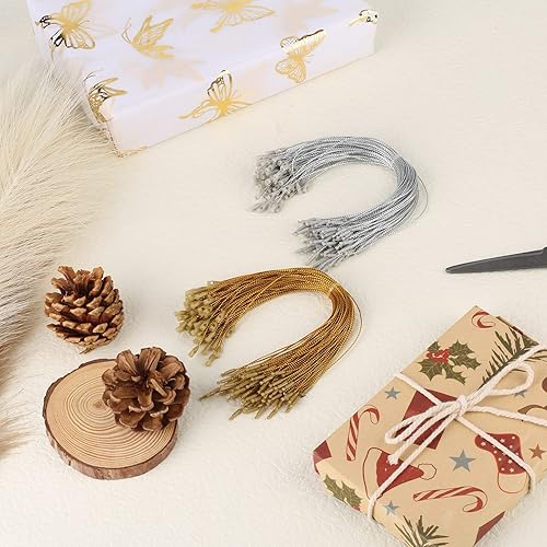 Miniatura 4 de SAVITA 200 cuerdas para colgar adornos de Navidad, cinta metálica precortada para colgar adornos con cierre a presión, cordón a presión para