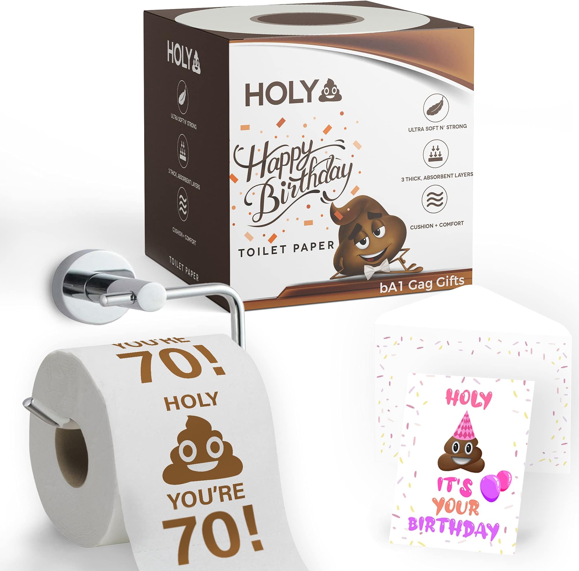 bA1 Gag Gifts - Happy 70th Birthday Toilet Paper - Prank, Decoration, or Gift Idea - Ultra Soft, Strong 'n Sturdy - 3 Ply