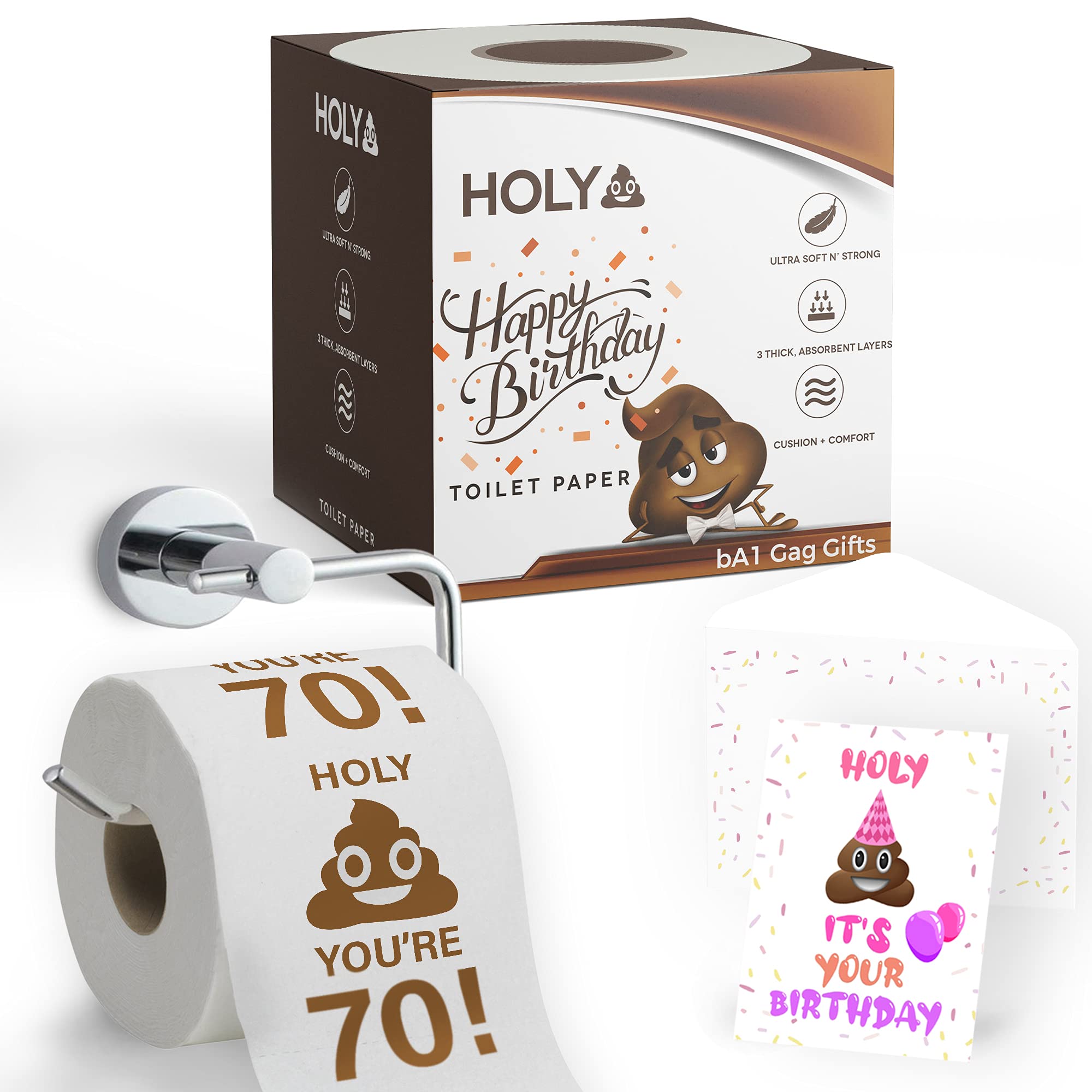 bA1 Gag Gifts - Happy 70th Birthday Toilet Paper - Prank, Decoration, or Gift Idea - Ultra Soft, Strong 'n Sturdy - 3 Ply