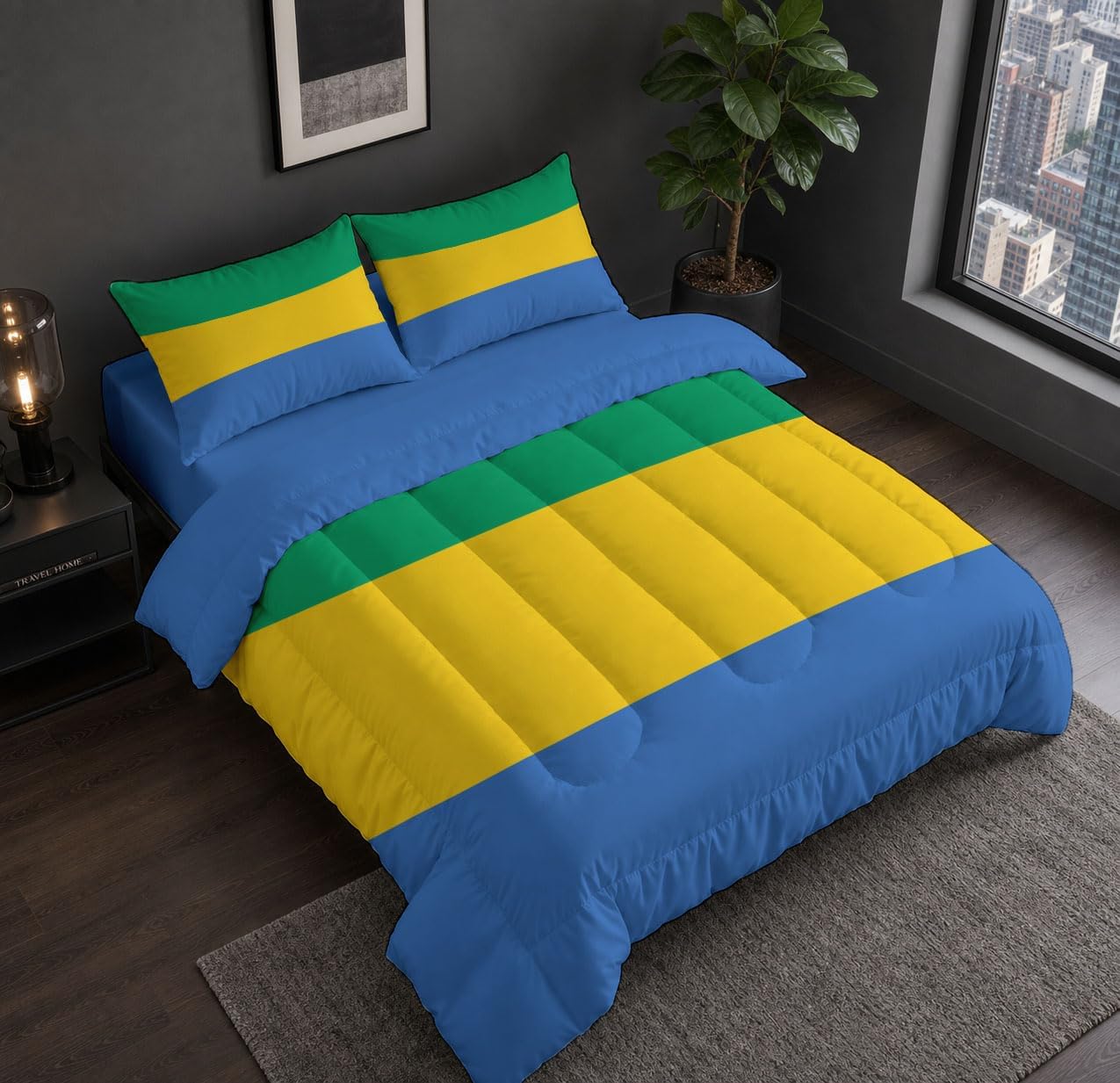 Simple Ethnic Comforter Set Queen Size, Gabon Flag Print Breathable Bedding Set for Girls Boys Teens, Yellow Quilt Duvet with 2 Pillow Cases