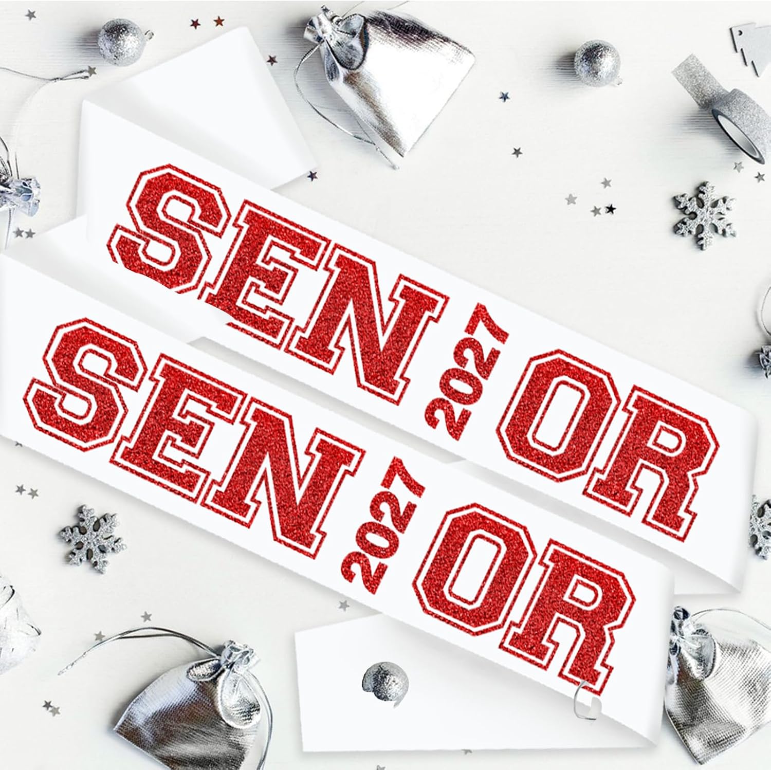 White Senior 2027 Sash with Red Glitter Printing Letters