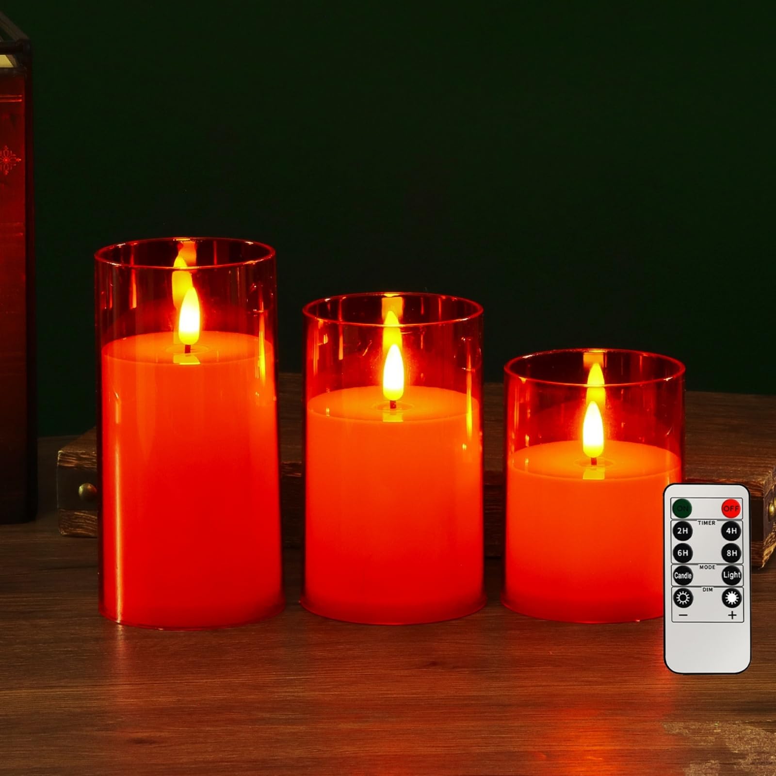 Mateju 3 Pieces LED Pillar Candles with Remote Control, Transparent Flameless LED Candles Flickering Flame Battery Operated with Timer for Bedroom Dining Room Party Festival Decor (Red,7.8cm)