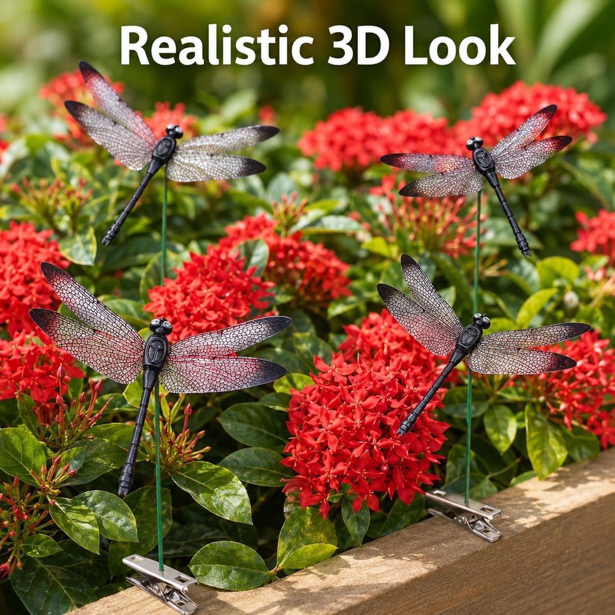 Dragonfly Clip 5 Pack, Black 3D PVC Dragonfly Garden Decor with 9.84 in Stakes and Stainless Steel Clips, Scare Devices for Outdoor Garden, Lawn, Camping image 2
