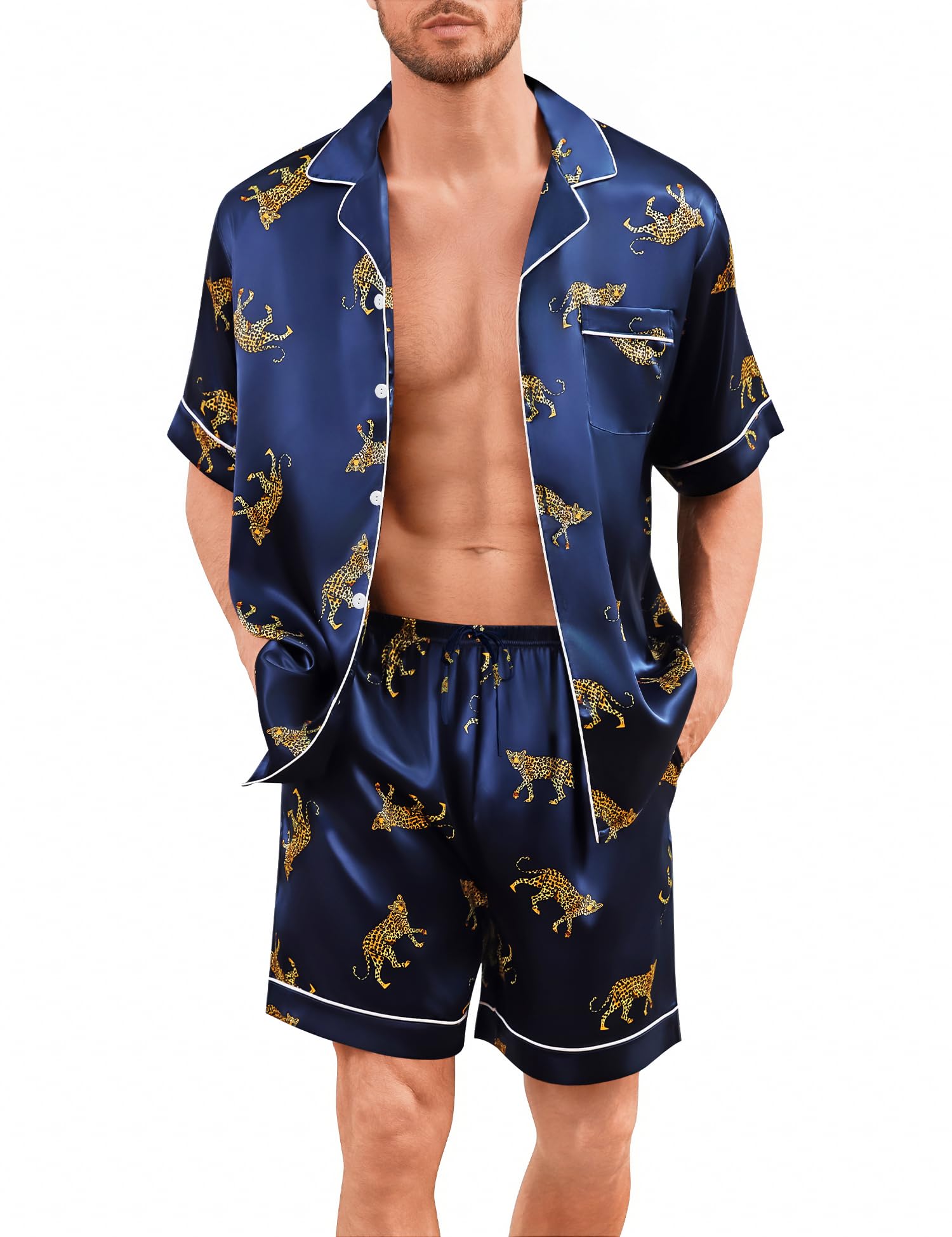 swomog Men Silk Pajama Set Short Sleeve Satin PJs Sets 2 Piece Button Down Sleepwear Soft Summer Loungewear with Pockets-picture-33