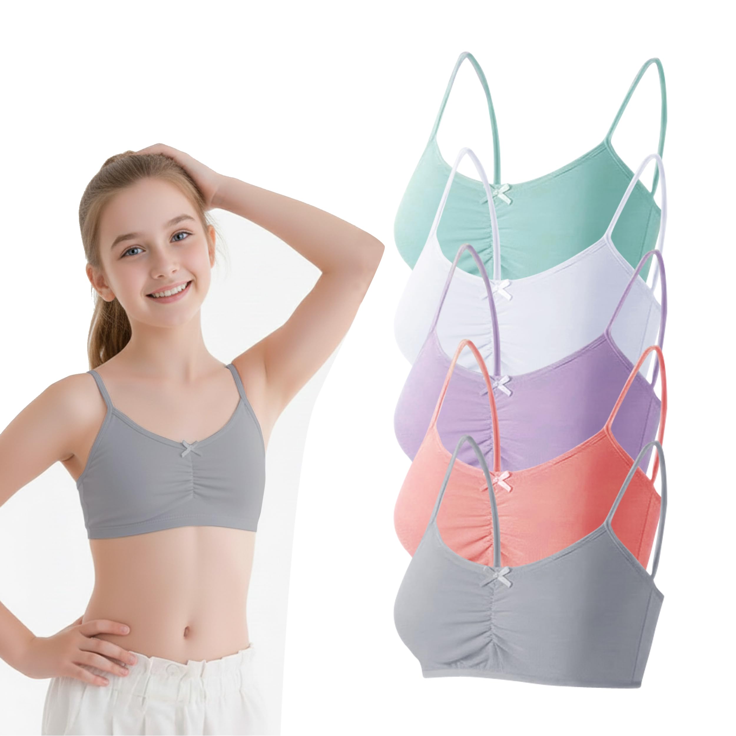 LOREZA ® Confezione da 5 Reggiseni Ragazza in Cotone Senza Ferretto, 10–17 Anni