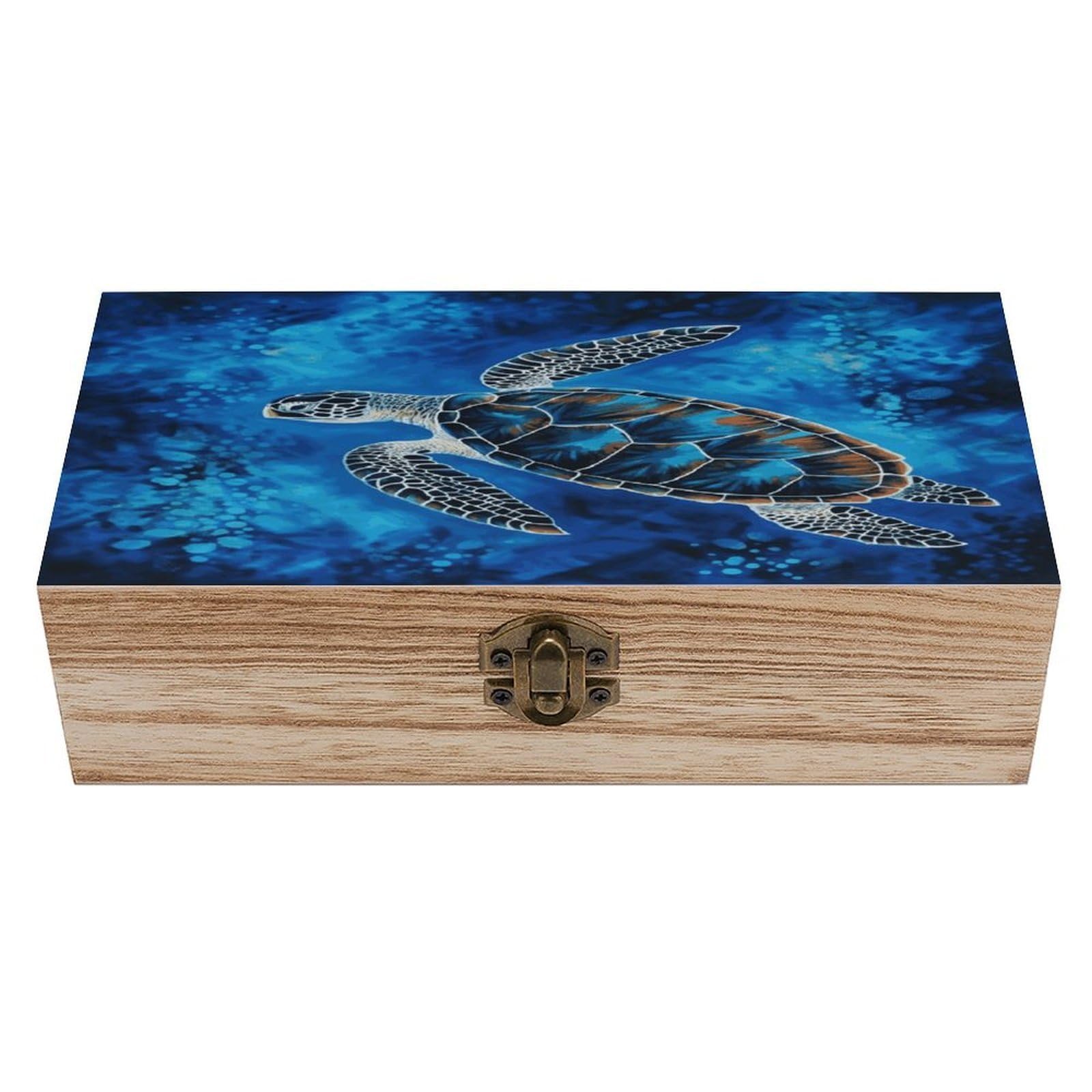Adfgyerh Style Sea Turtle-Blue Bins Solid Wood，Jewelry Box Retro And Exquisite，Storage Box Used For Storing Photos, Souvenirs, Letters, Gifts, And Jewelry.