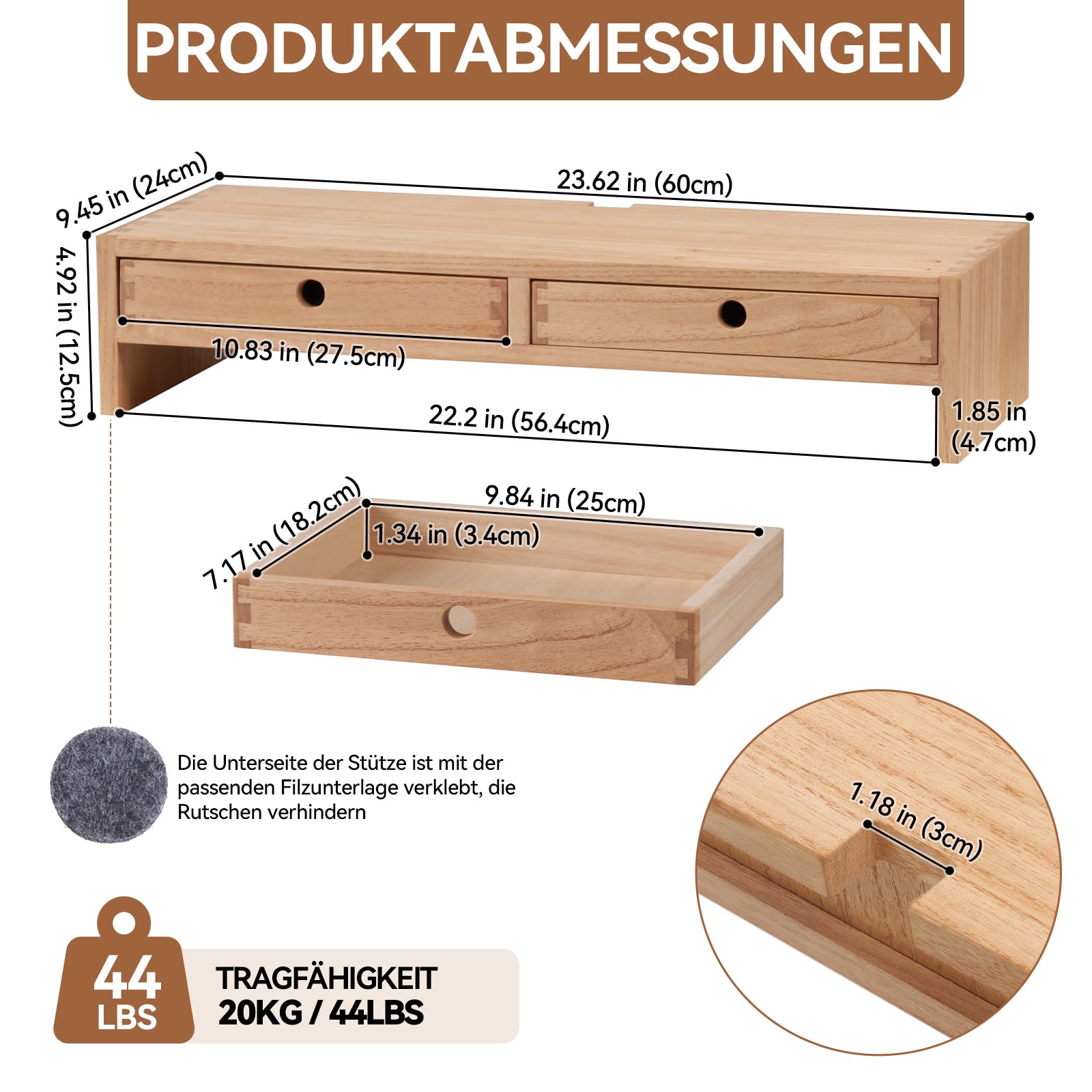 KIRIGEN Monitorständer mit 2 Schubladen, Bildschirmerhöhung aus Holz, Natur | 60 x 24 x 12,5 cm, Paulownia-Massivholz, handgefertigt, fertig montiert, Kabeldurchführung, Stiftfächer, Antirutschpads