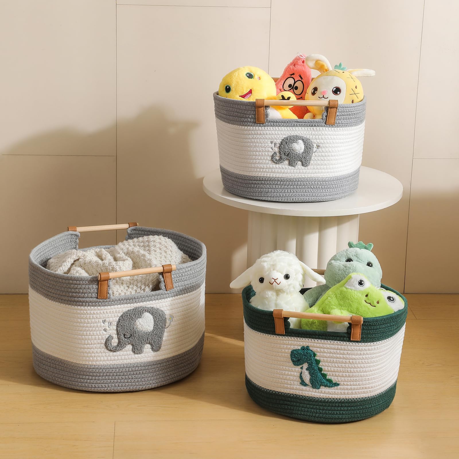 Cesto portaoggetti in corda di cotone con motivo dinosauro ricamato, Cesti in corda di cotone per giocattoli di peluche dei bambini, ripostiglio per la cameretta, cesti regalo vuoti per neonati