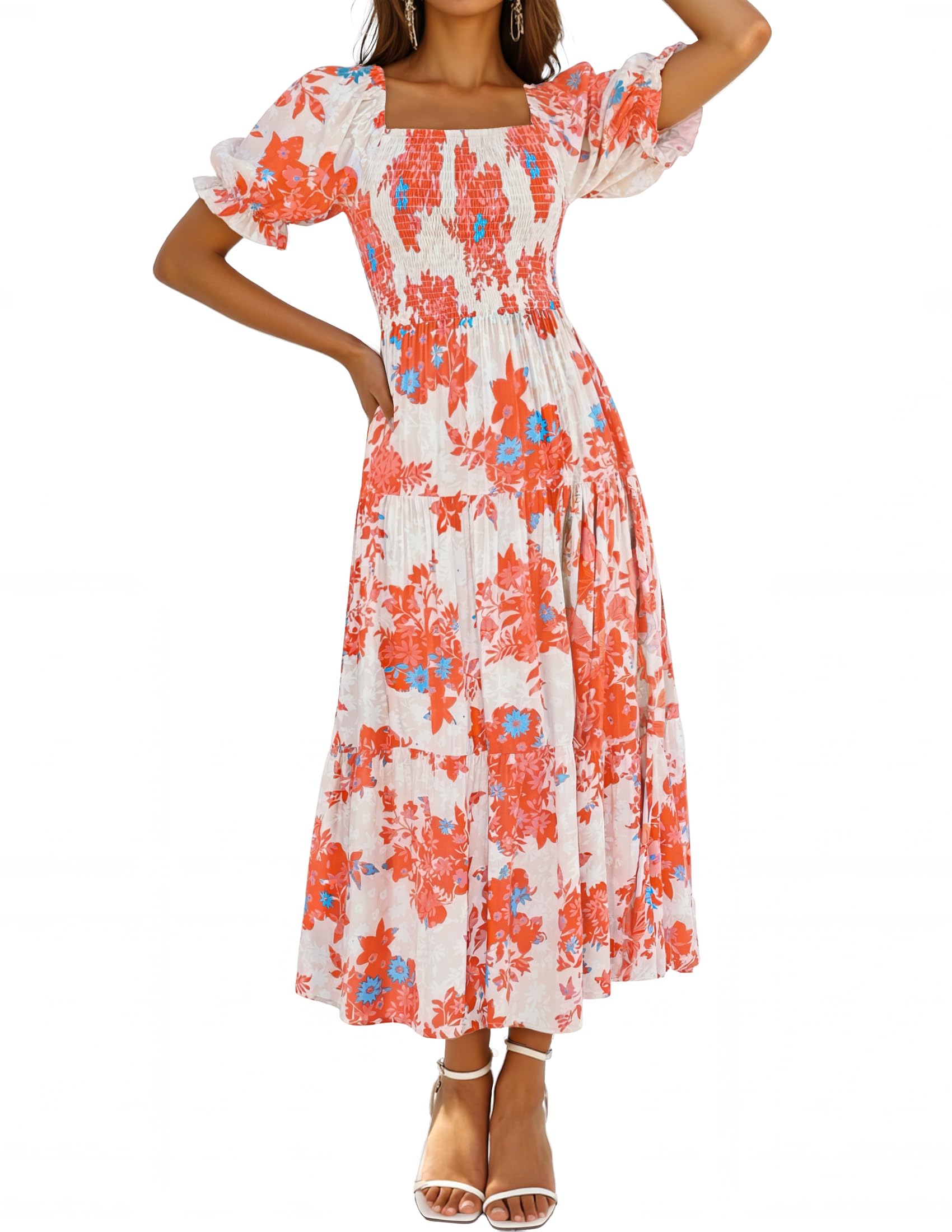 ZESICA Womens 2026 Summer Boho Floral Ruffle Maxi Dress | Square Neck Dress, Swing A Line Dress, Puff Short Sleeve, Ruched Long Dresses, Flowy Pleated Dress, Beach Vacation Dresses