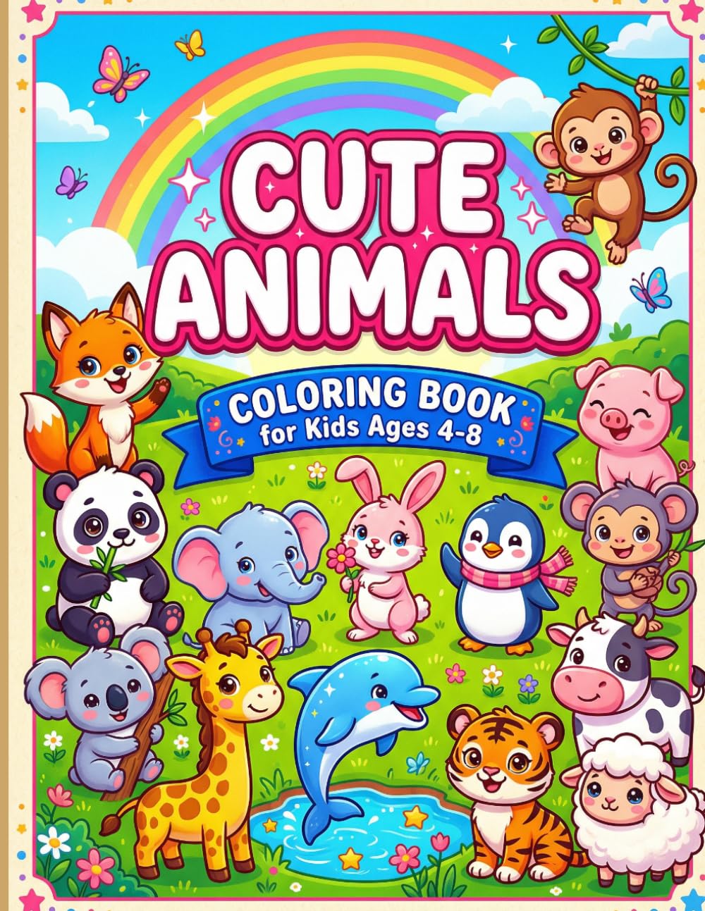 Cute Animals Coloring Book for Kids Ages 4–8: 40 Simple and Fun Kawaii Animal Pages for Boys and Girls