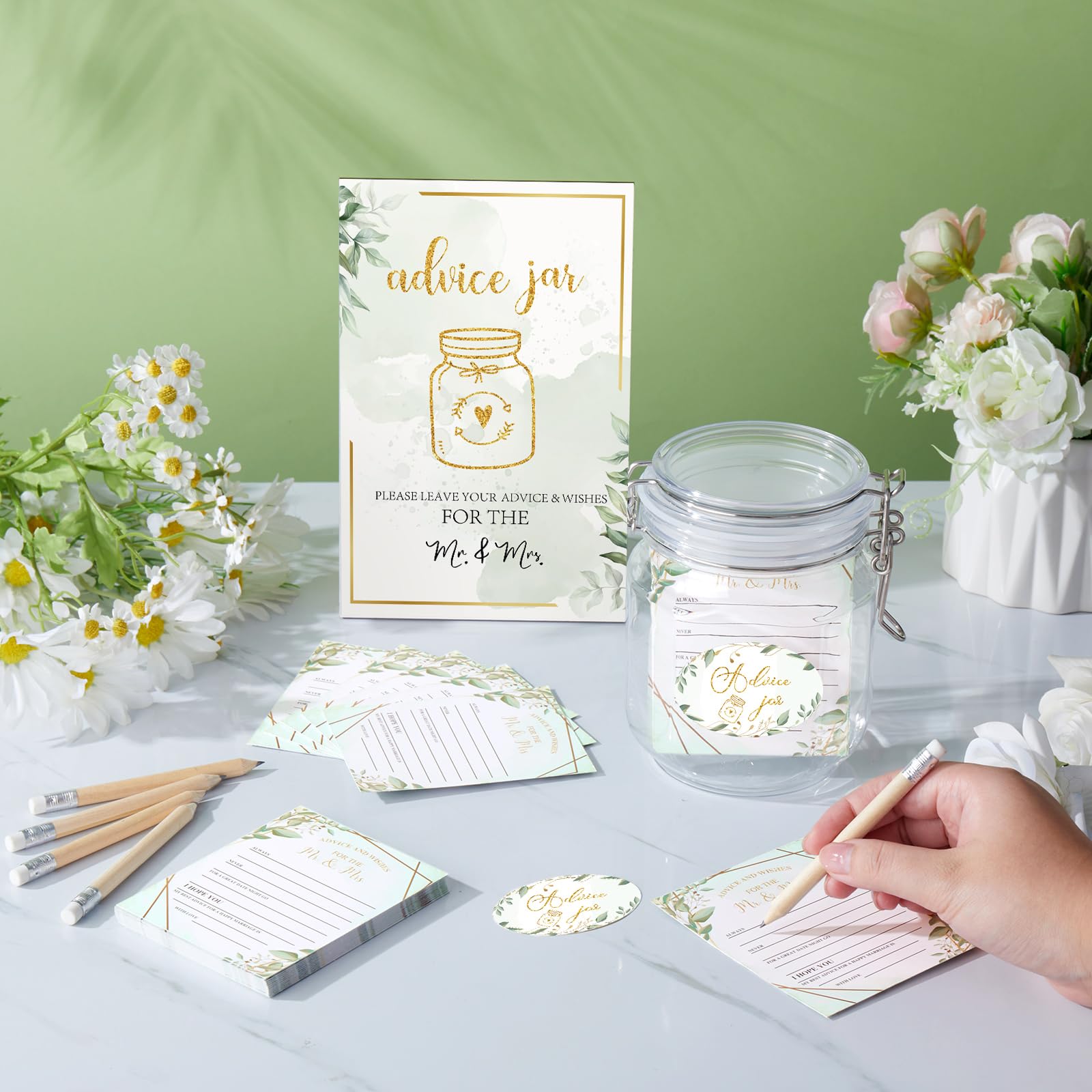 Jetec 74 Pcs Advice and Wishes for The Mr and Mrs 60 Pcs Wedding Advice Cards Advice and Wishes Jar Box Bridal Shower Advice and Wishes Cards for Bride and Groom Bridal Shower Decor(Greenery)