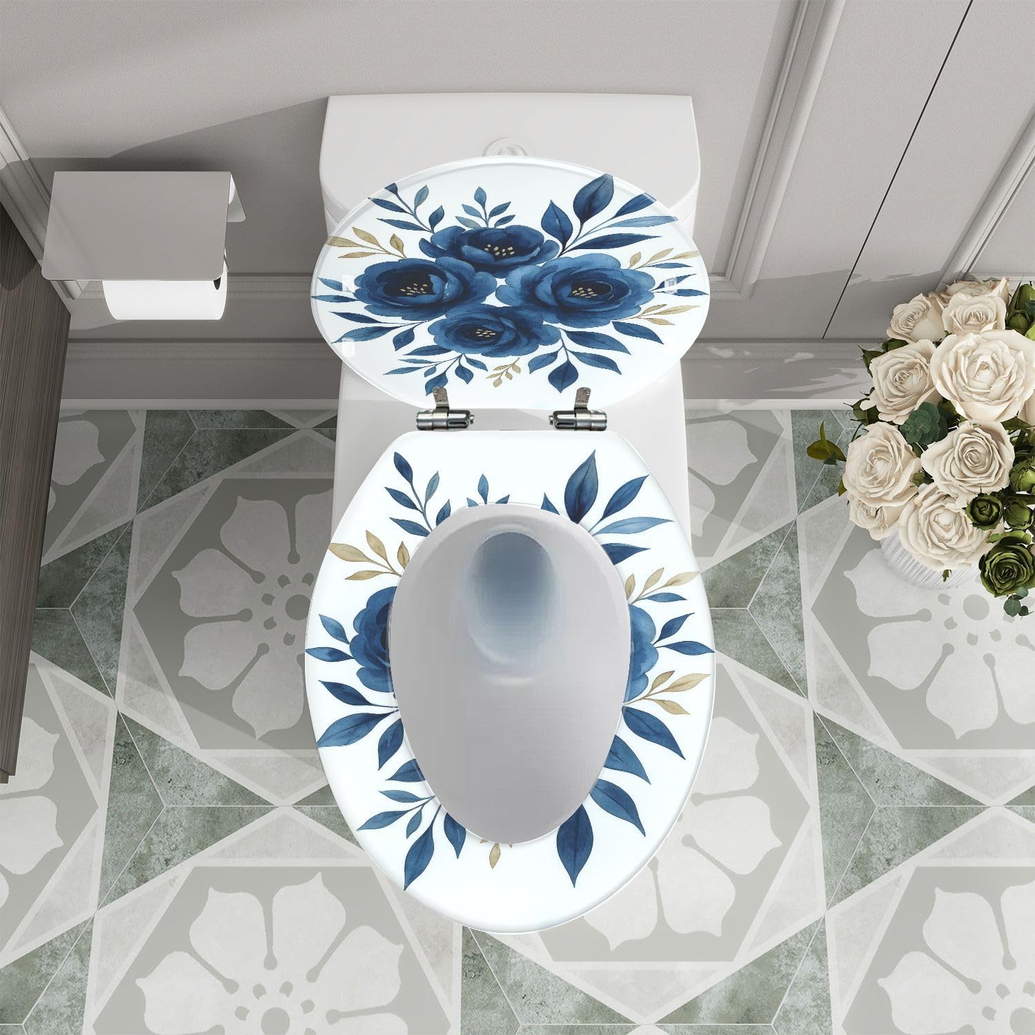 Elongated Toilet Seat Navy blue flowers watercolor floral clip art Bouquet roses perfectly Resin Toilet Seat Quietly Close Quick Release Hinges with Cover Bumpers Decorative Easy to Install Clean