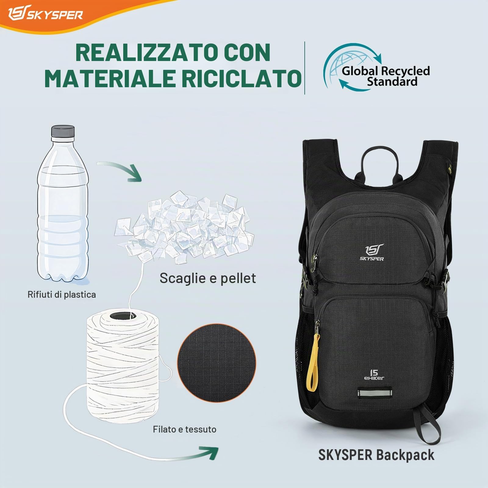 SKYSPER Zaino da Escursione 15L Zaino Sportivo | Materiale Amico dell'ambiente Zaino per Viaggio Escursioni Hiking Avventure