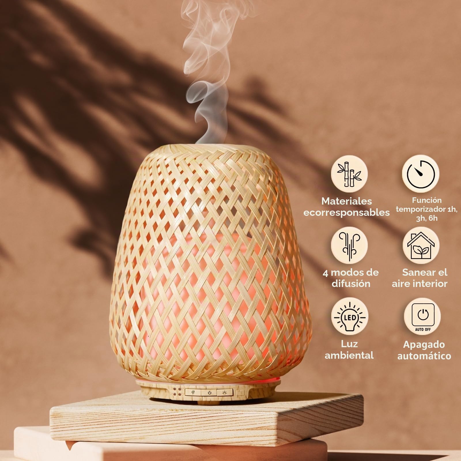 Zen'Arôme SC21-25S - Difusor de aceites Esenciales ultrasónico Olaki (hasta 40 m²) - Difusión en frío para aromaterapia, diseño Artesanal Zen de bambú Trenzado, iluminación Regulable, Madera