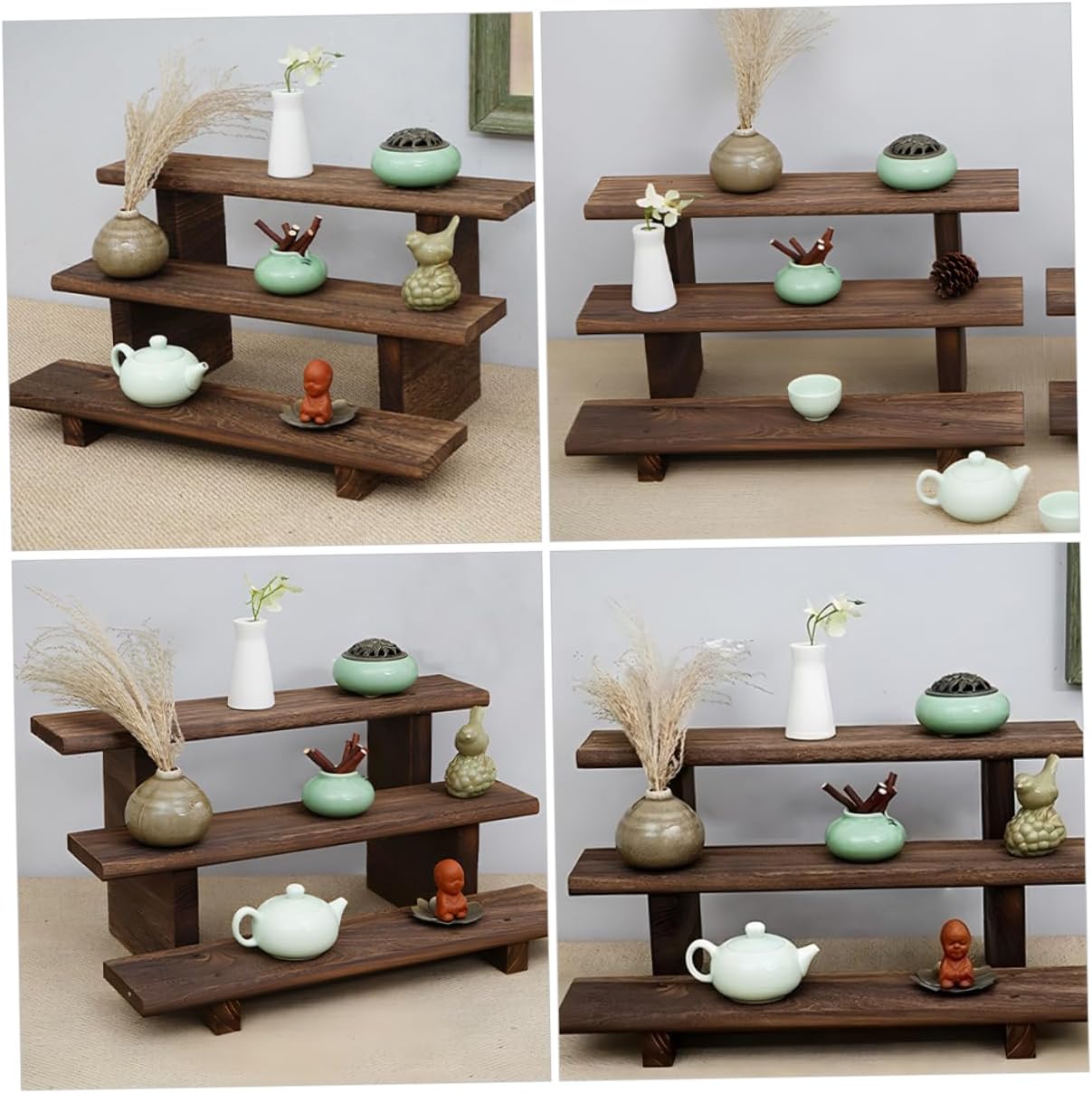 Tiered Wooden Display Stand Figures and Succulents Rustic Storage Rack for Desktop Collectibles Vintage Style Organizer for Small Spaces