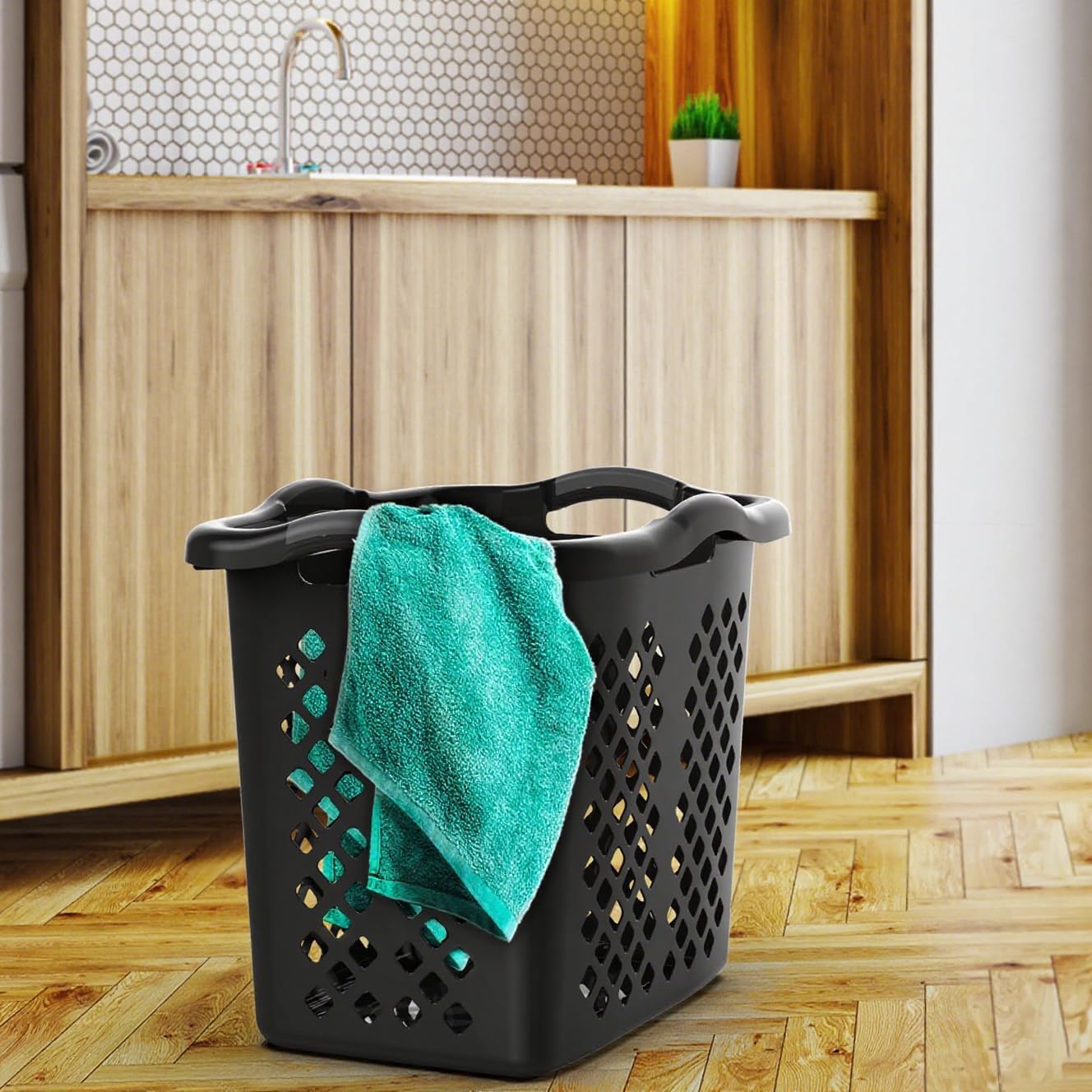 2-Pack 2 Bushel Plastic Laundry Basket with Silver Handles, Space-Saving Dirty Clothes Organizer for Home Apartment Dorm (Black)