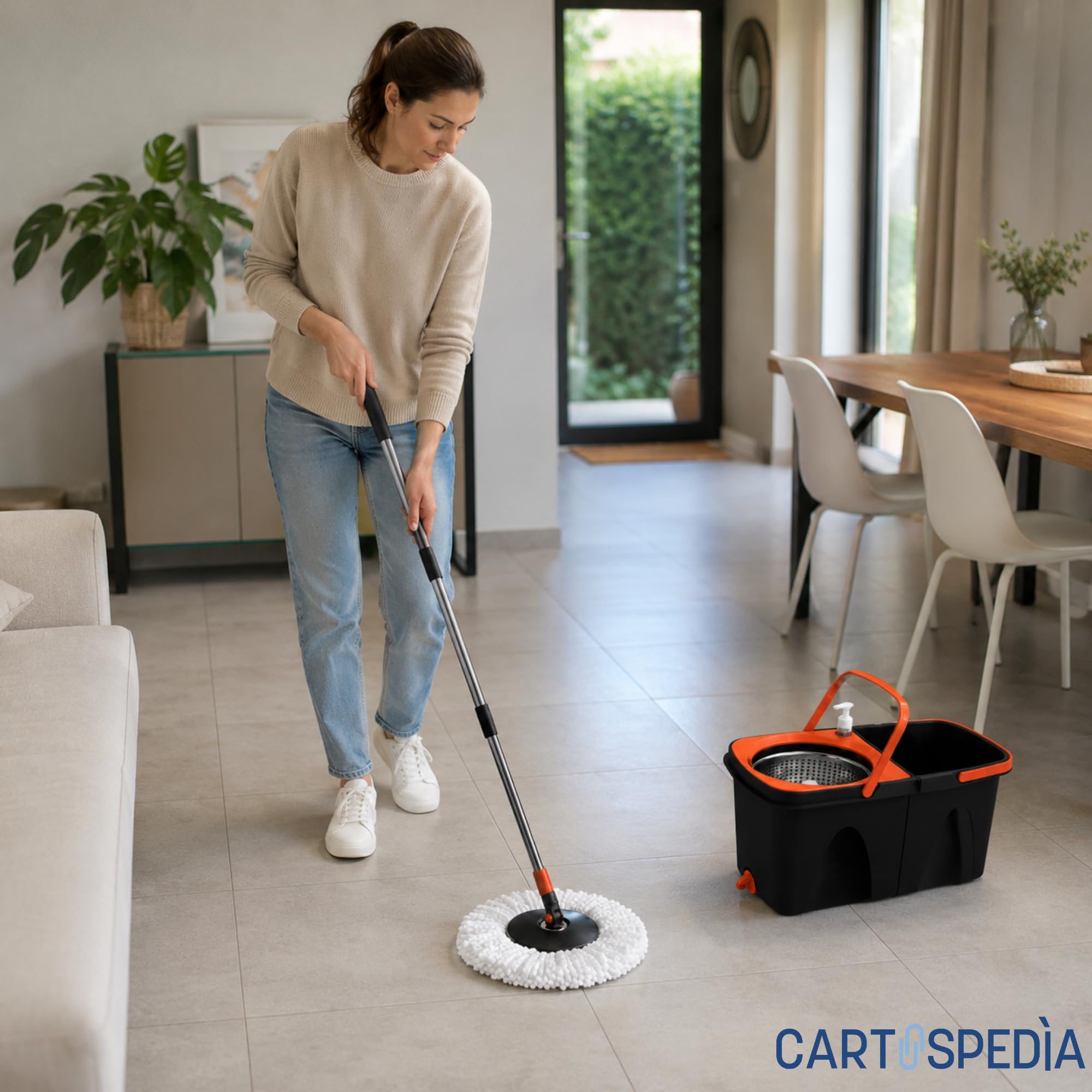 Set Mocio Lavapavimenti Rotante con DOPPIO SECCHIO Lavaggio e Asciugatura - Dispenser Incluso - Manico in Acciaio Inox - Microfibra 360° - Cestello Asciugante Inox - Sistema Salvaspazio per Pulizia
