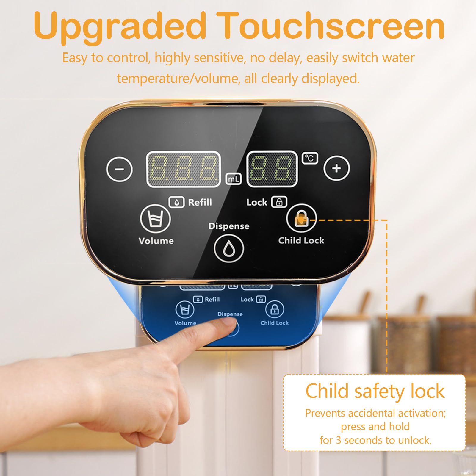 Distributeur d'Eau Chaude 3L Numérique Instantané écran Tactile LED 12 Réglages Température 8 Réglages Volume Filtre Charbon Actif