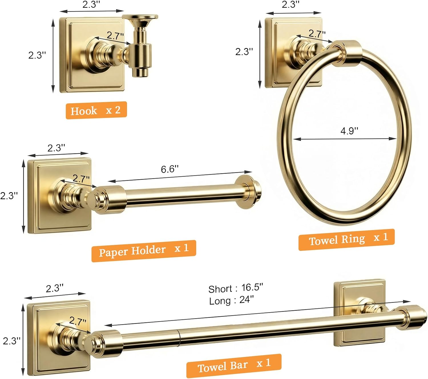 Champagne Gold Bathroom Towel Bar Set, 5 Piece Bathroom Hardware Accessory Set, SUS304 Stainless Steel 24" Towel Rack Holder Set for Bathroom, Wall Mounted