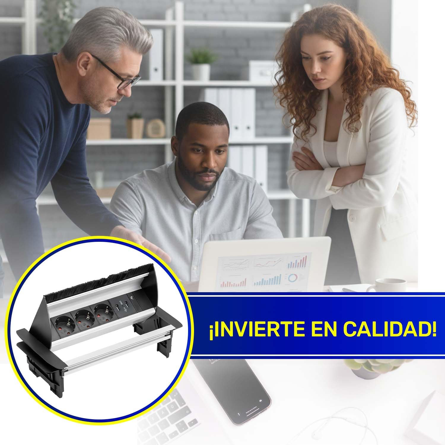 Enchufe Empotrable Mesa 291x158 mm con Cable Alimentación de 1,5 m - Regleta Empotrable 3 x Schuko y 2 x USB 5V/2,1A - Garantía de 10 Años - MONTERAL